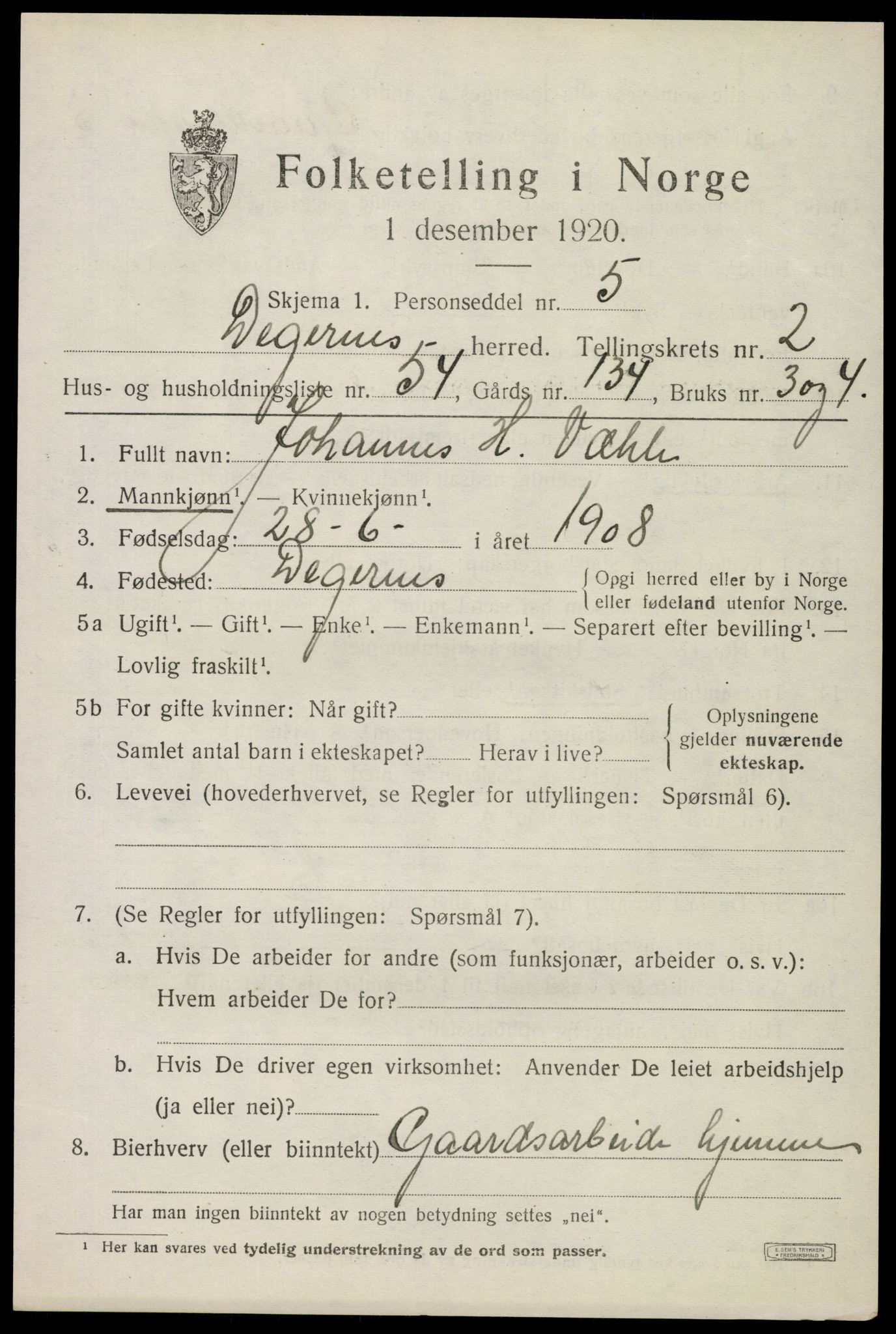 SAO, Folketelling 1920 for 0129 Degernes herred, 1920, s. 2086