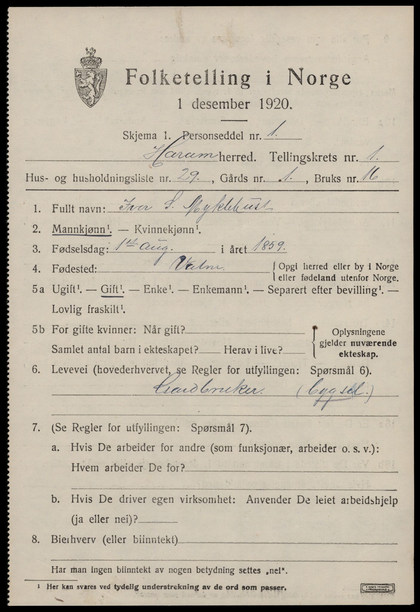 SAT, Folketelling 1920 for 1534 Haram herred, 1920, s. 1357