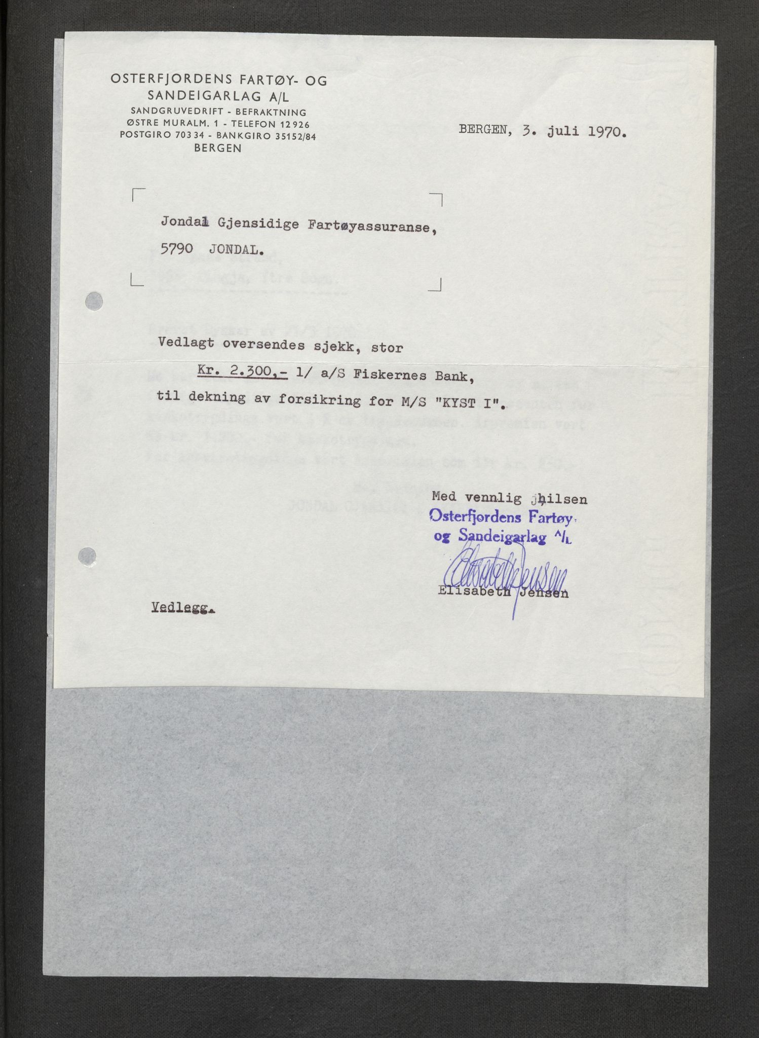 Jondal Skipsassuranseforening, AV/SAB-SAB/PA-0276/E/L0132: Korrespondanse , 1970-1977