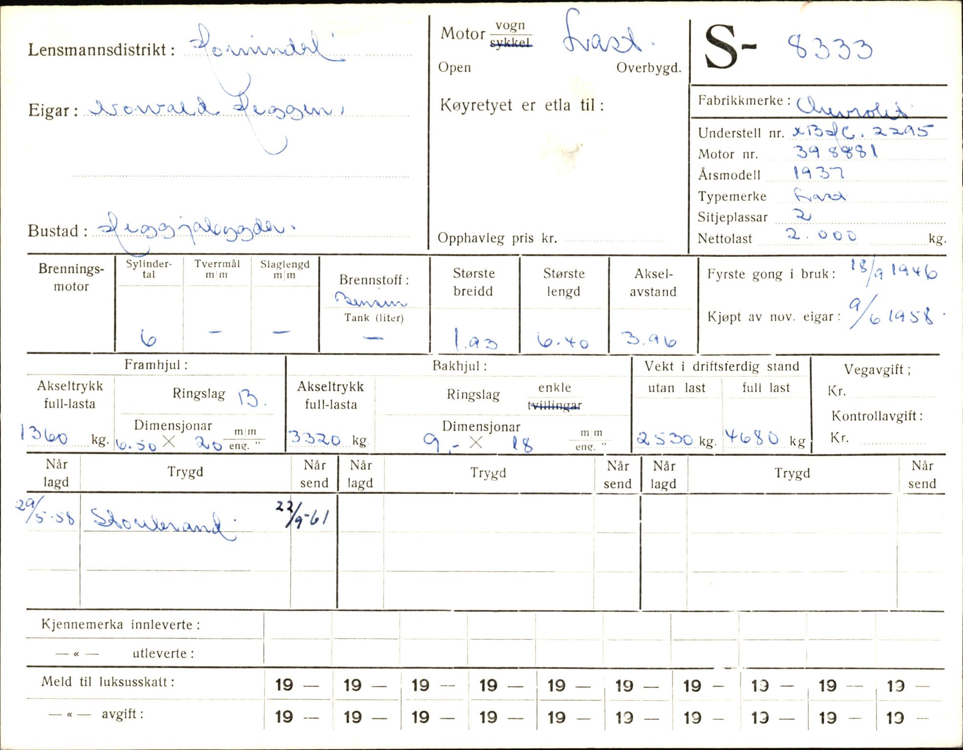 Statens vegvesen, Sogn og Fjordane vegkontor, AV/SAB-A-5301/4/F/L0006: Registerkort utmeldte Fjordane S8300-9500, 1930-1961, s. 46