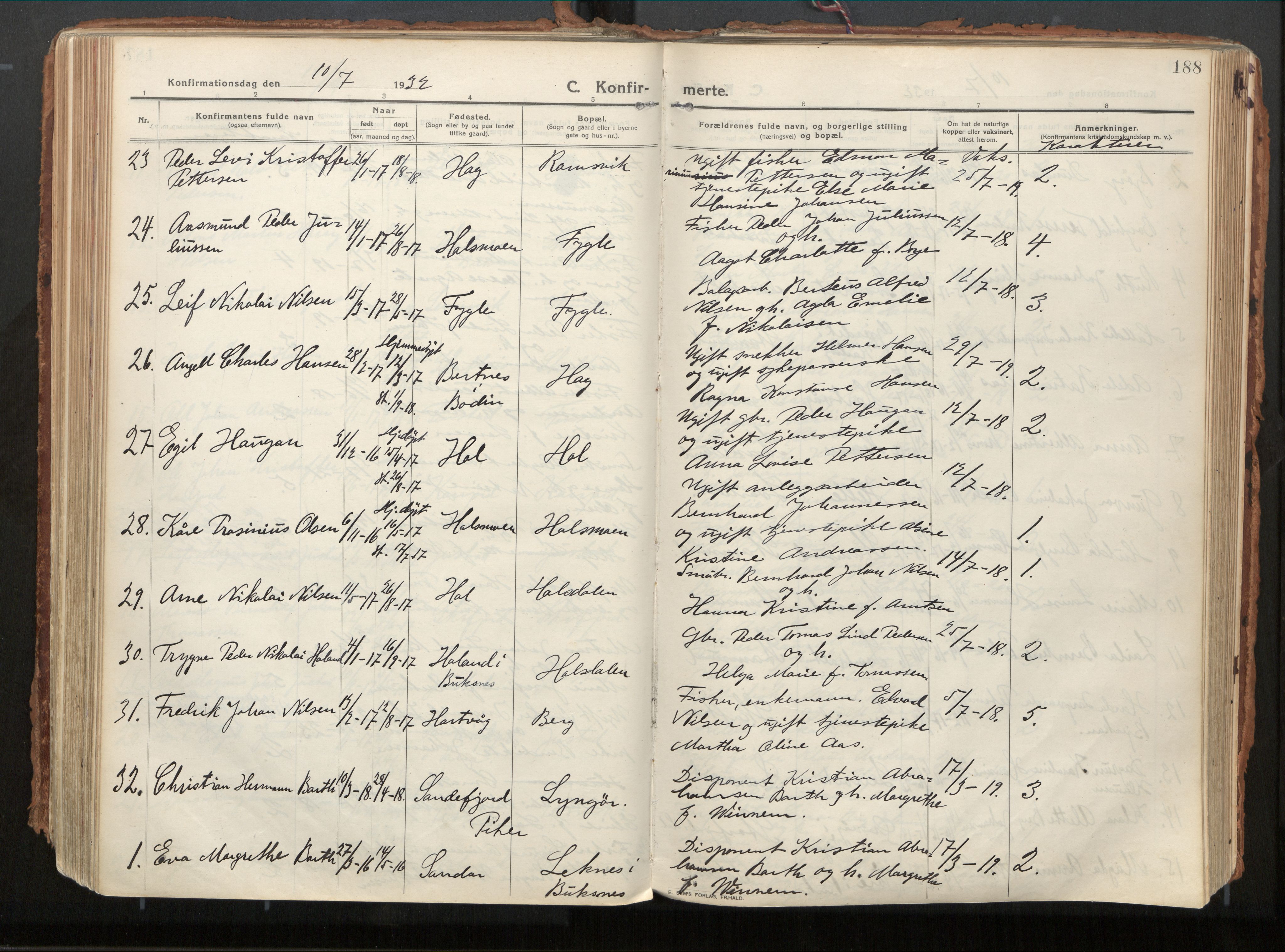 Ministerialprotokoller, klokkerbøker og fødselsregistre - Nordland, AV/SAT-A-1459/882/L1181: Ministerialbok nr. 882A03, 1913-1937, s. 188