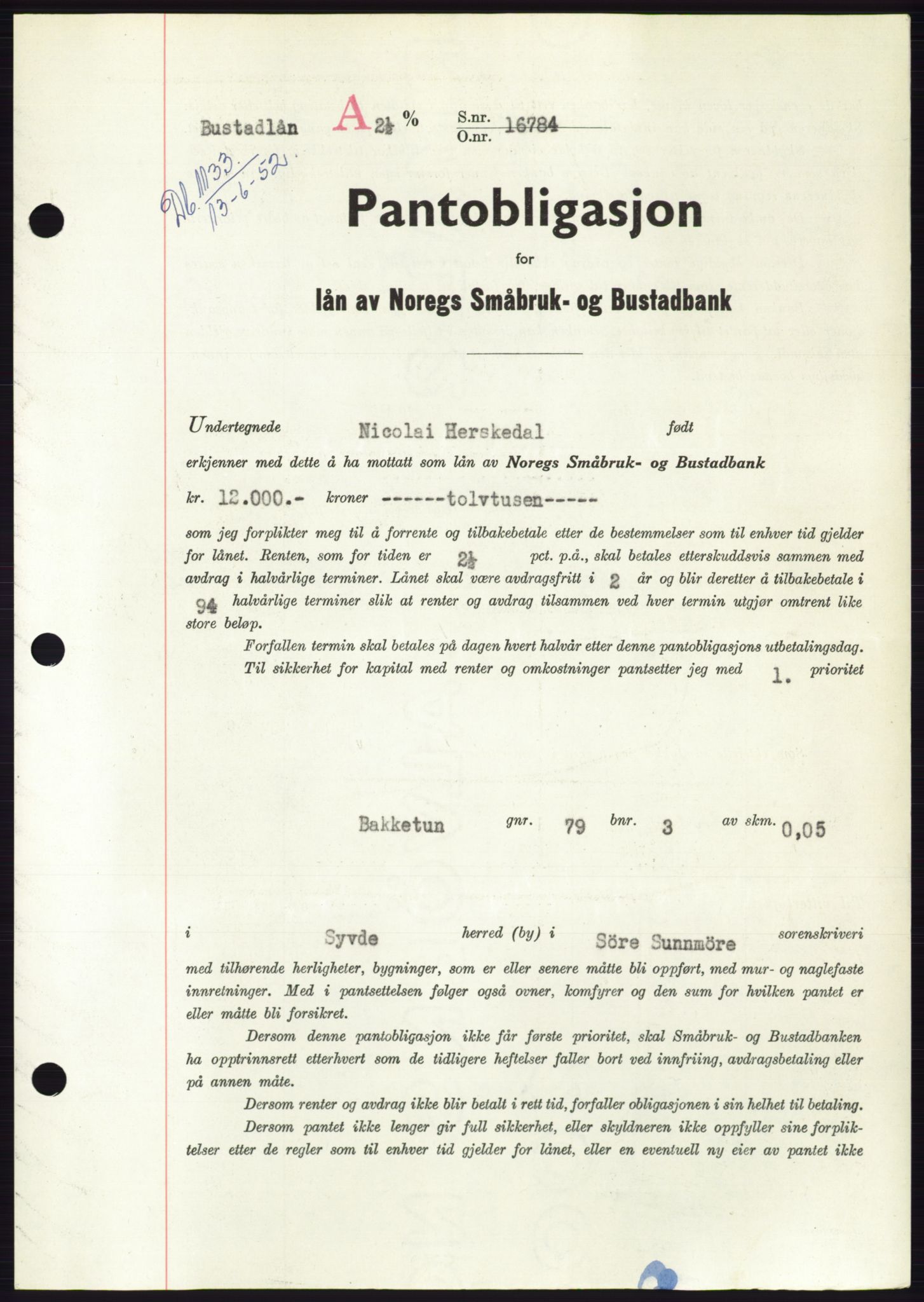 Søre Sunnmøre sorenskriveri, AV/SAT-A-4122/1/2/2C/L0121: Pantebok nr. 9B, 1951-1952, Dagboknr: 1133/1952