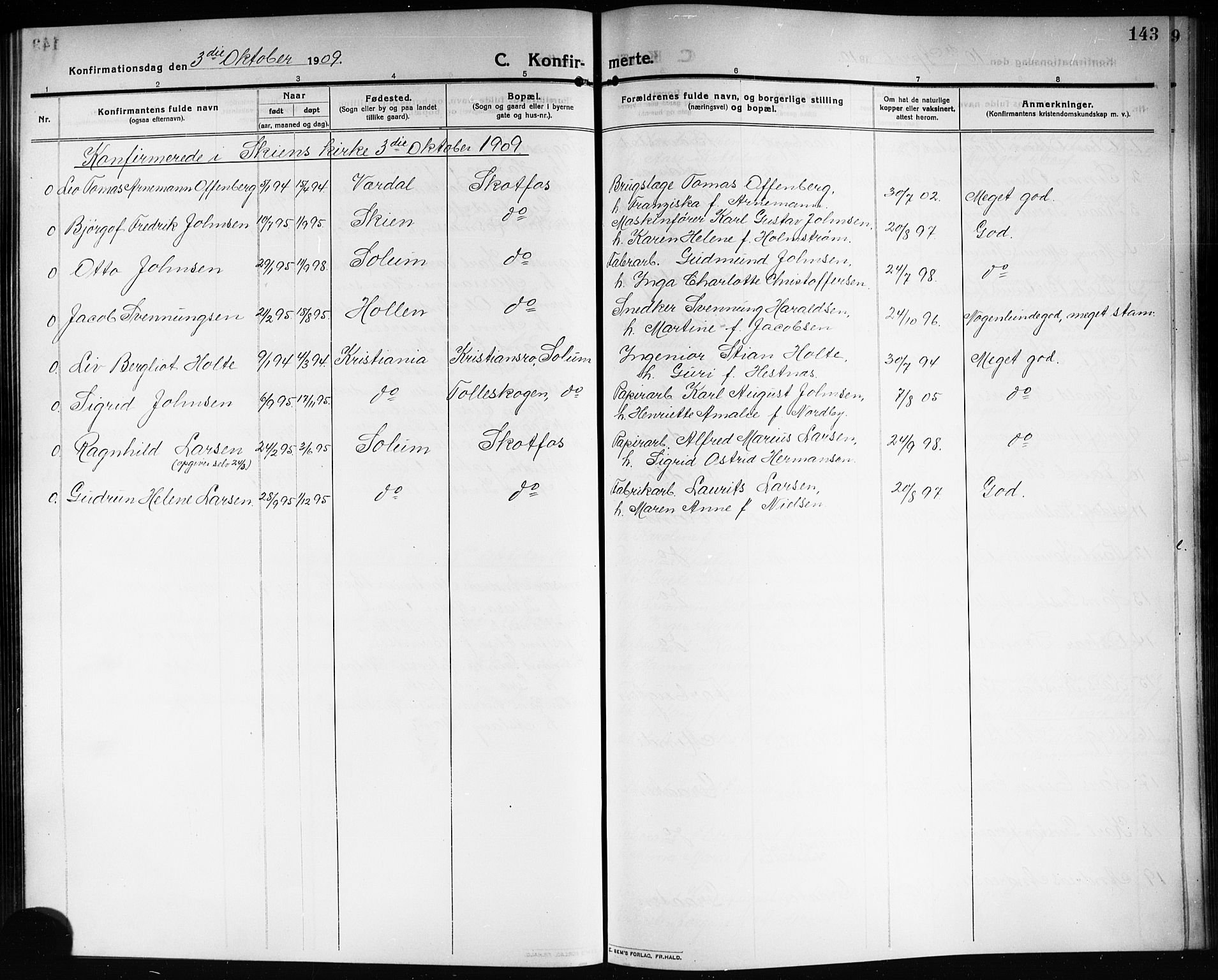 Solum kirkebøker, AV/SAKO-A-306/G/Ga/L0009: Klokkerbok nr. I 9, 1909-1922, s. 143