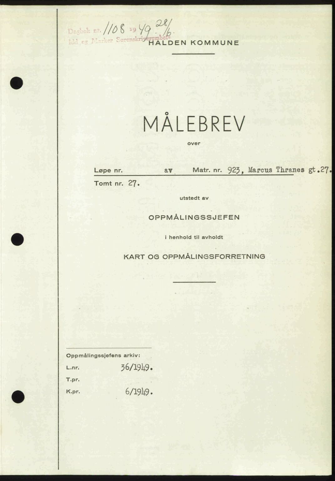 Idd og Marker sorenskriveri, SAO/A-10283/G/Gb/Gbb/L0012: Pantebok nr. A12, 1949-1949, Dagboknr: 1108/1949