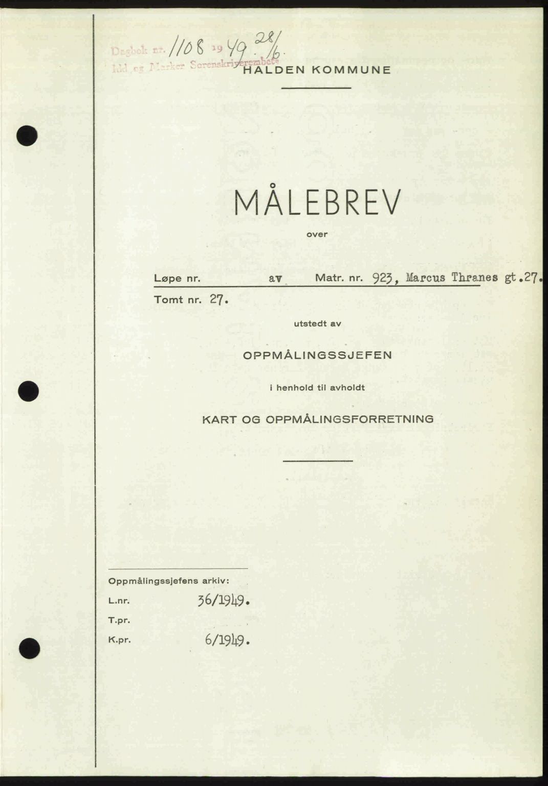 Idd og Marker sorenskriveri, AV/SAO-A-10283/G/Gb/Gbb/L0012: Pantebok nr. A12, 1949-1949, Dagboknr: 1108/1949