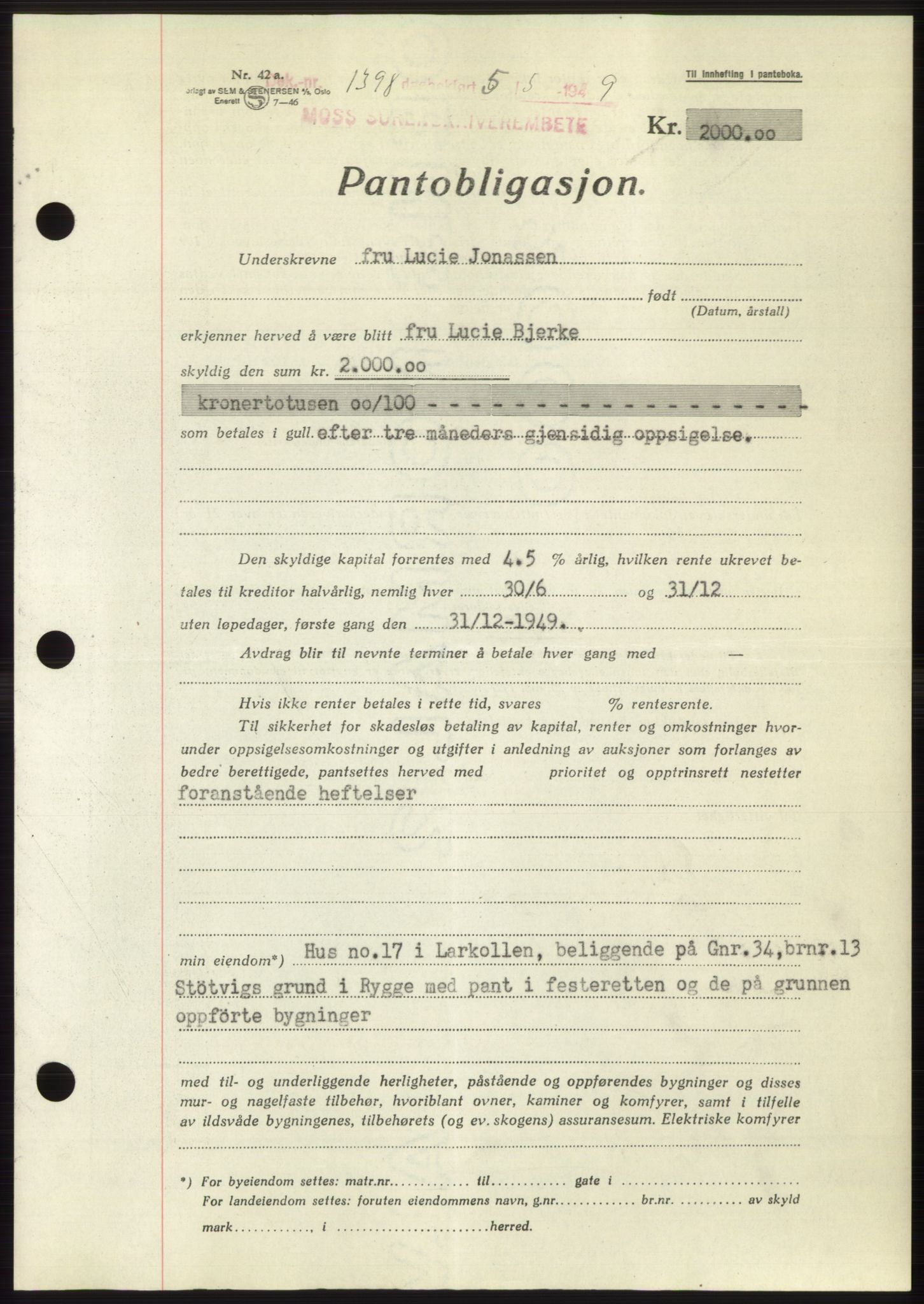 Moss sorenskriveri, SAO/A-10168: Pantebok nr. B21, 1949-1949, Dagboknr: 1398/1949