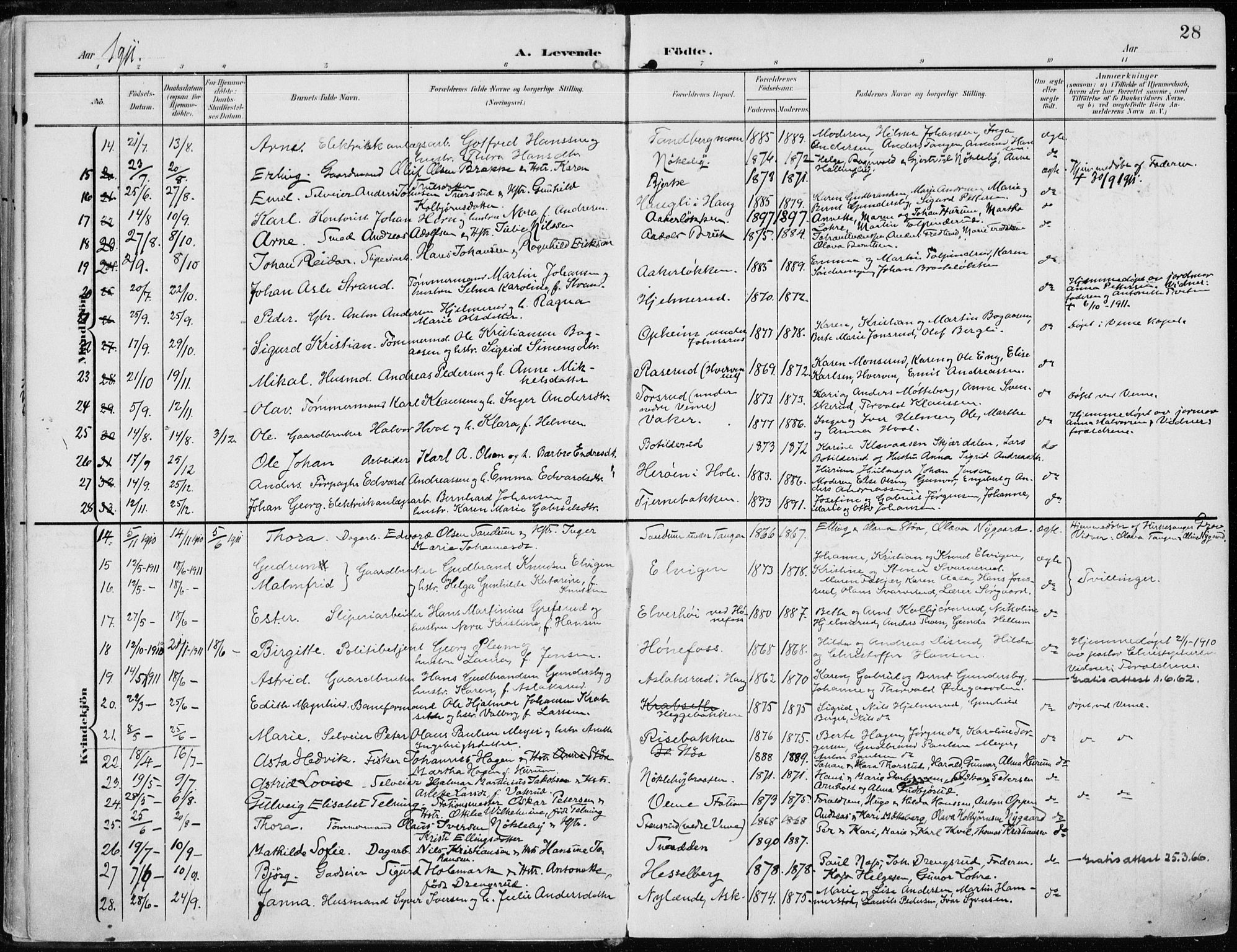 Norderhov kirkebøker, AV/SAKO-A-237/F/Fa/L0017: Ministerialbok nr. 17, 1903-1919, s. 28