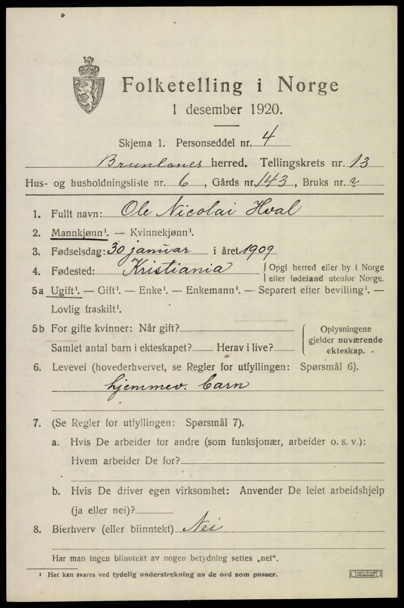 SAKO, Folketelling 1920 for 0726 Brunlanes herred, 1920, s. 10839