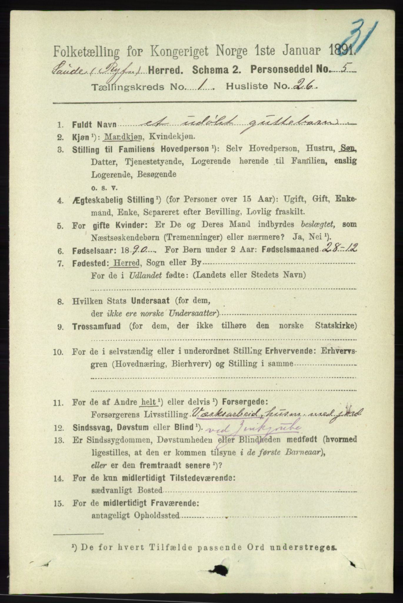 RA, Folketelling 1891 for 1135 Sauda herred, 1891, s. 226
