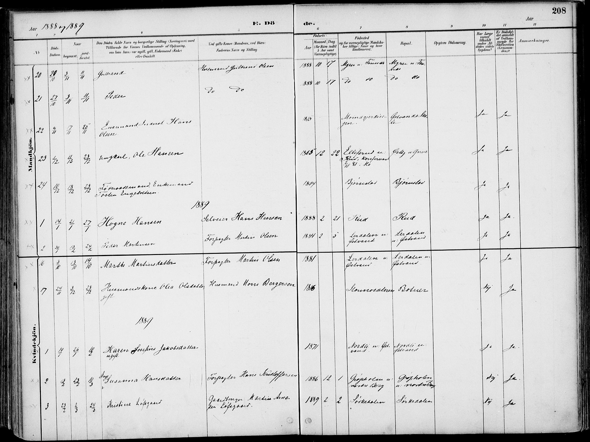 Nord-Odal prestekontor, SAH/PREST-032/H/Ha/Haa/L0008: Ministerialbok nr. 8, 1886-1901, s. 208