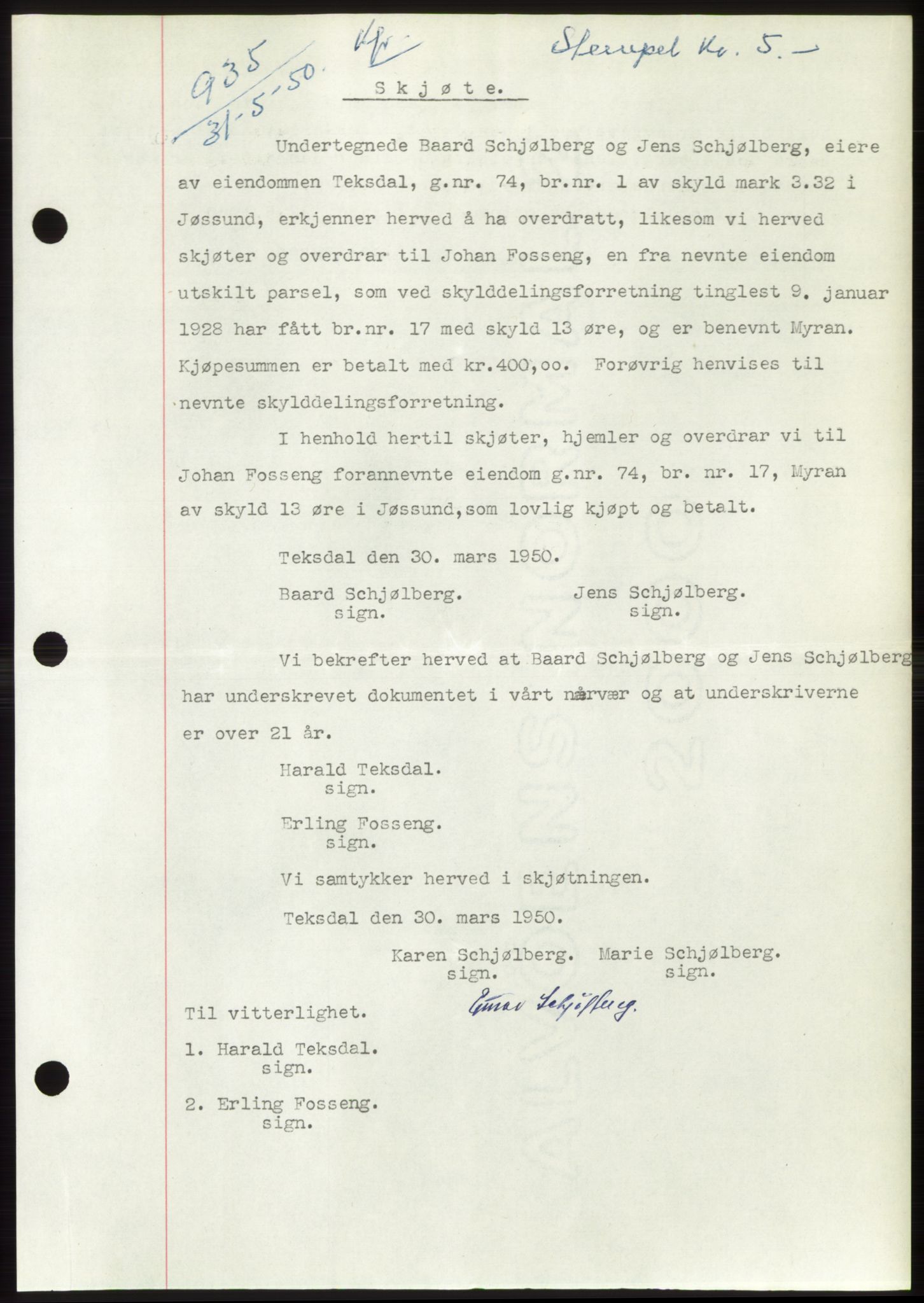 Fosen sorenskriveri, AV/SAT-A-1107/1/2/2C: Pantebok nr. A11, 1950-1950, Dagboknr: 935/1950