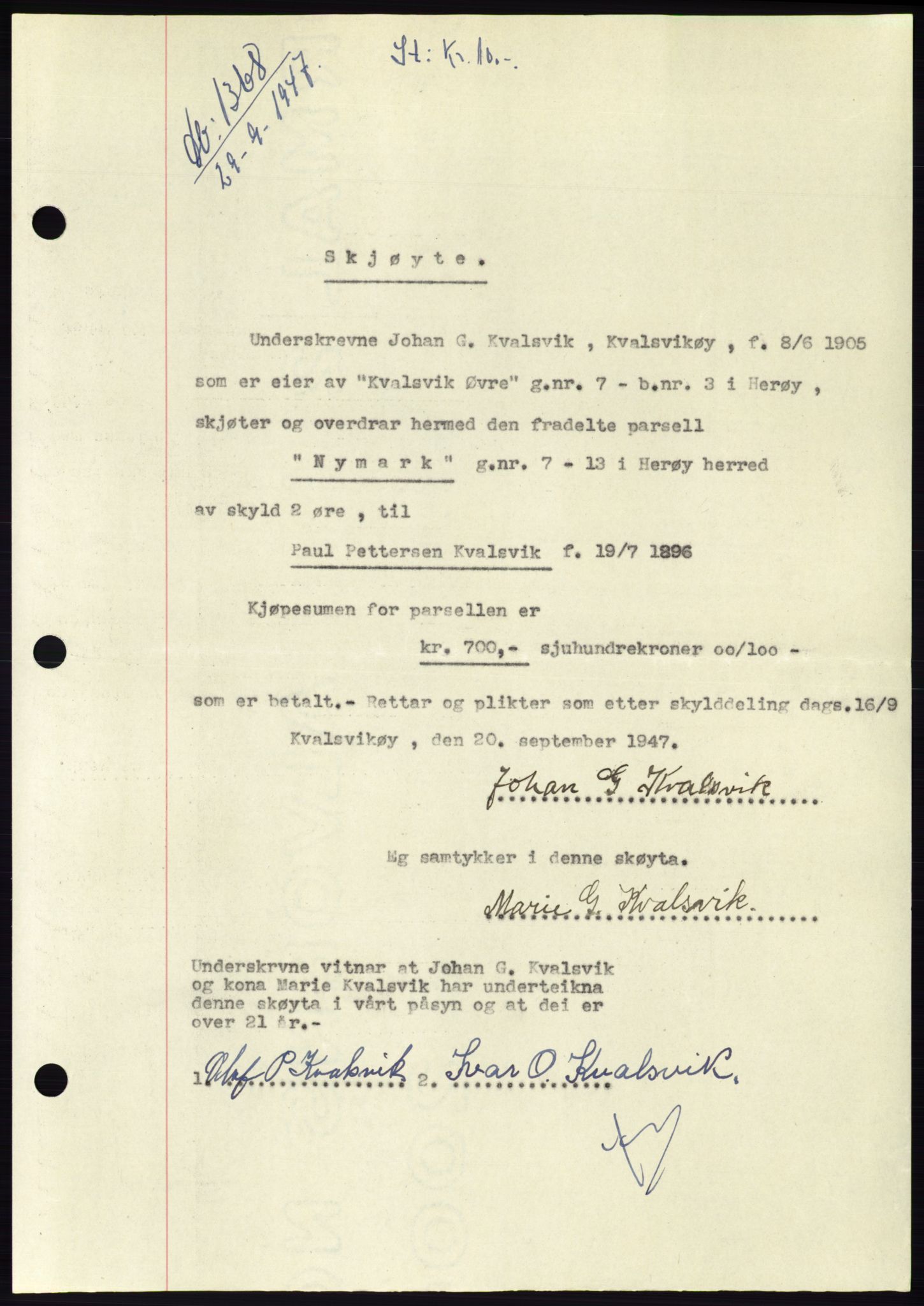 Søre Sunnmøre sorenskriveri, SAT/A-4122/1/2/2C/L0081: Pantebok nr. 7A, 1947-1948, Dagboknr: 1368/1947