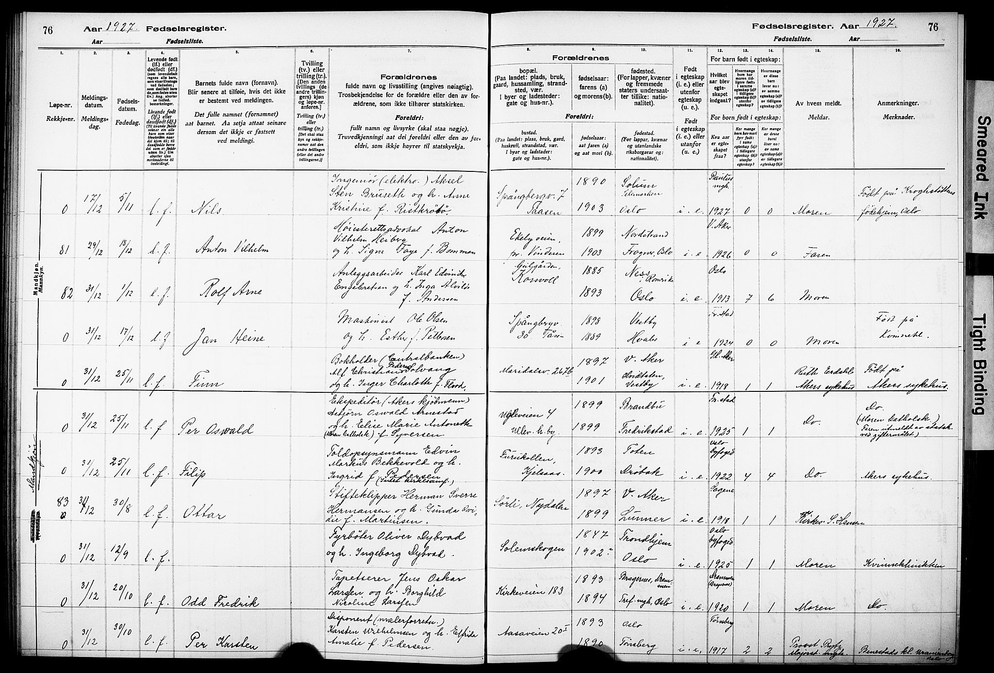 Vestre Aker prestekontor Kirkebøker, AV/SAO-A-10025/J/Ja/L0003: Fødselsregister nr. 3, 1926-1930, s. 76