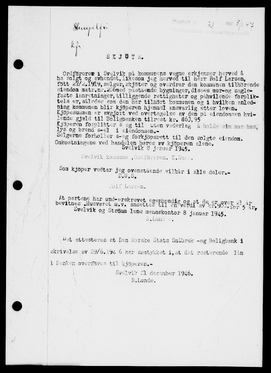 Holmestrand sorenskriveri, SAKO/A-67/G/Ga/Gaa/L0061: Pantebok nr. A-61, 1946-1947, Dagboknr: 21/1947
