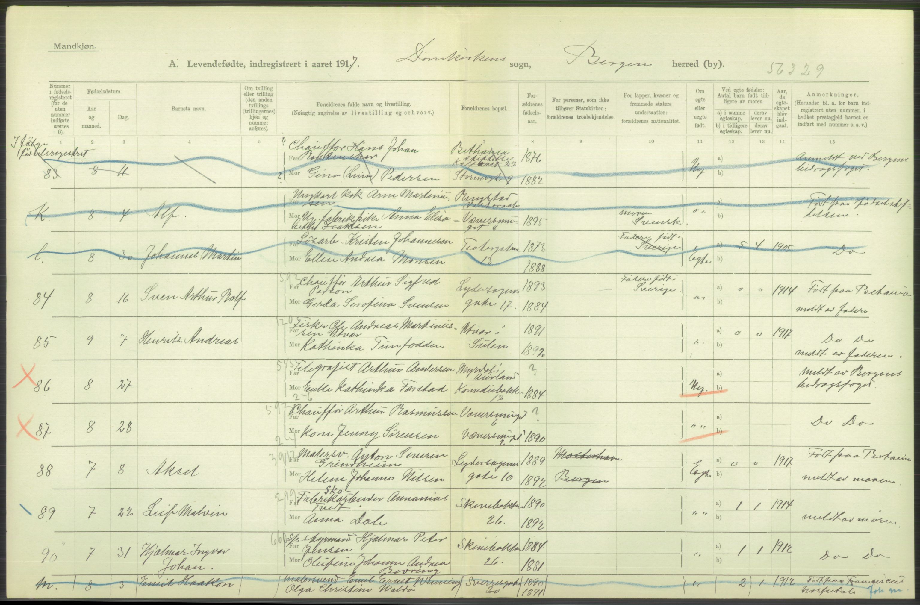 Statistisk sentralbyrå, Sosiodemografiske emner, Befolkning, AV/RA-S-2228/D/Df/Dfb/Dfbg/L0037: Bergen: Levendefødte menn og kvinner., 1917, s. 42