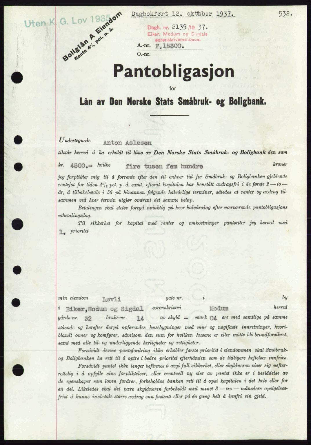 Eiker, Modum og Sigdal sorenskriveri, SAKO/A-123/G/Ga/Gab/L0036: Pantebok nr. A6, 1937-1937, Dagboknr: 2139/1937