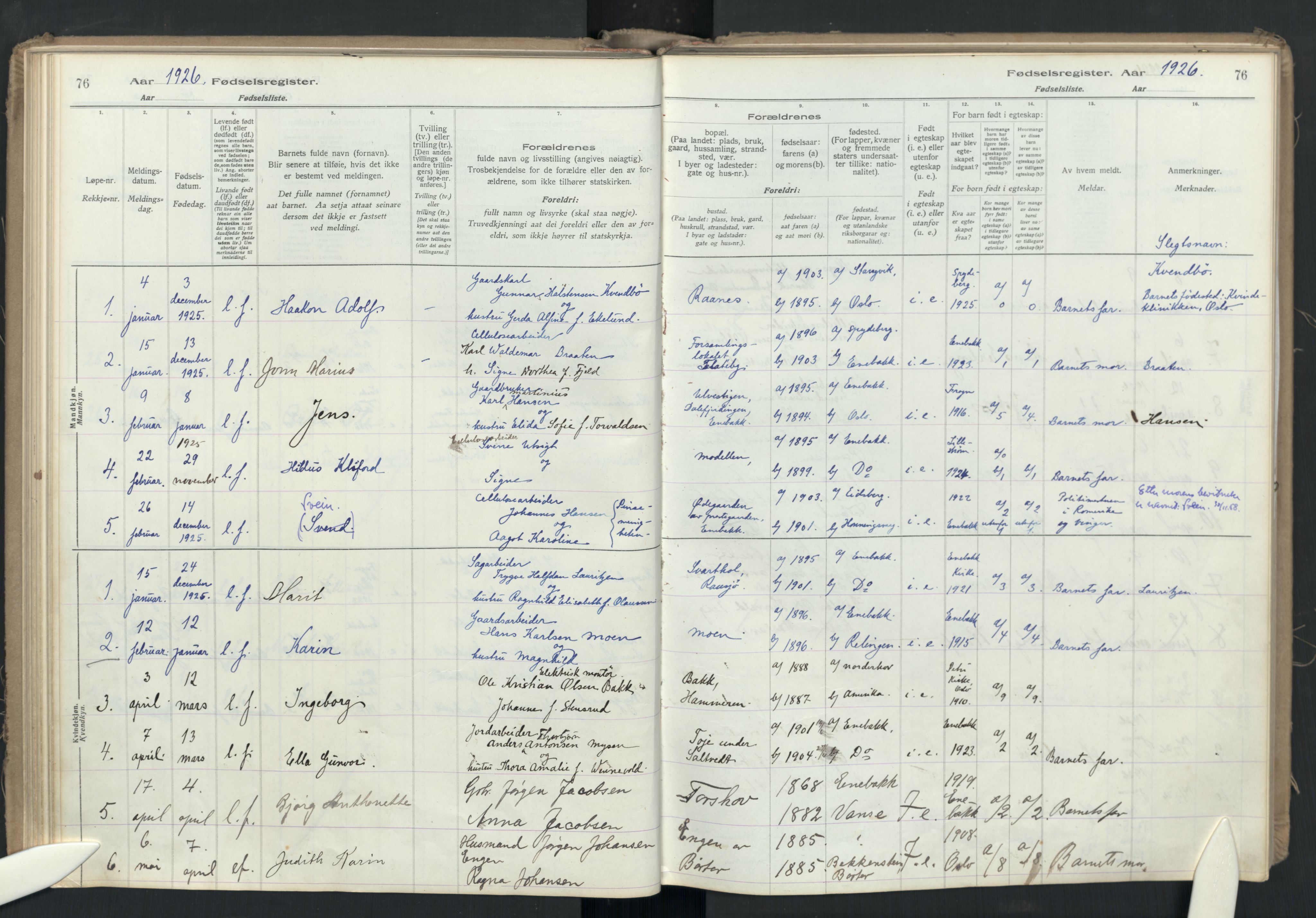 Enebakk prestekontor Kirkebøker, AV/SAO-A-10171c/J/Ja/L0001: Fødselsregister nr. I 1, 1916-1948, s. 76