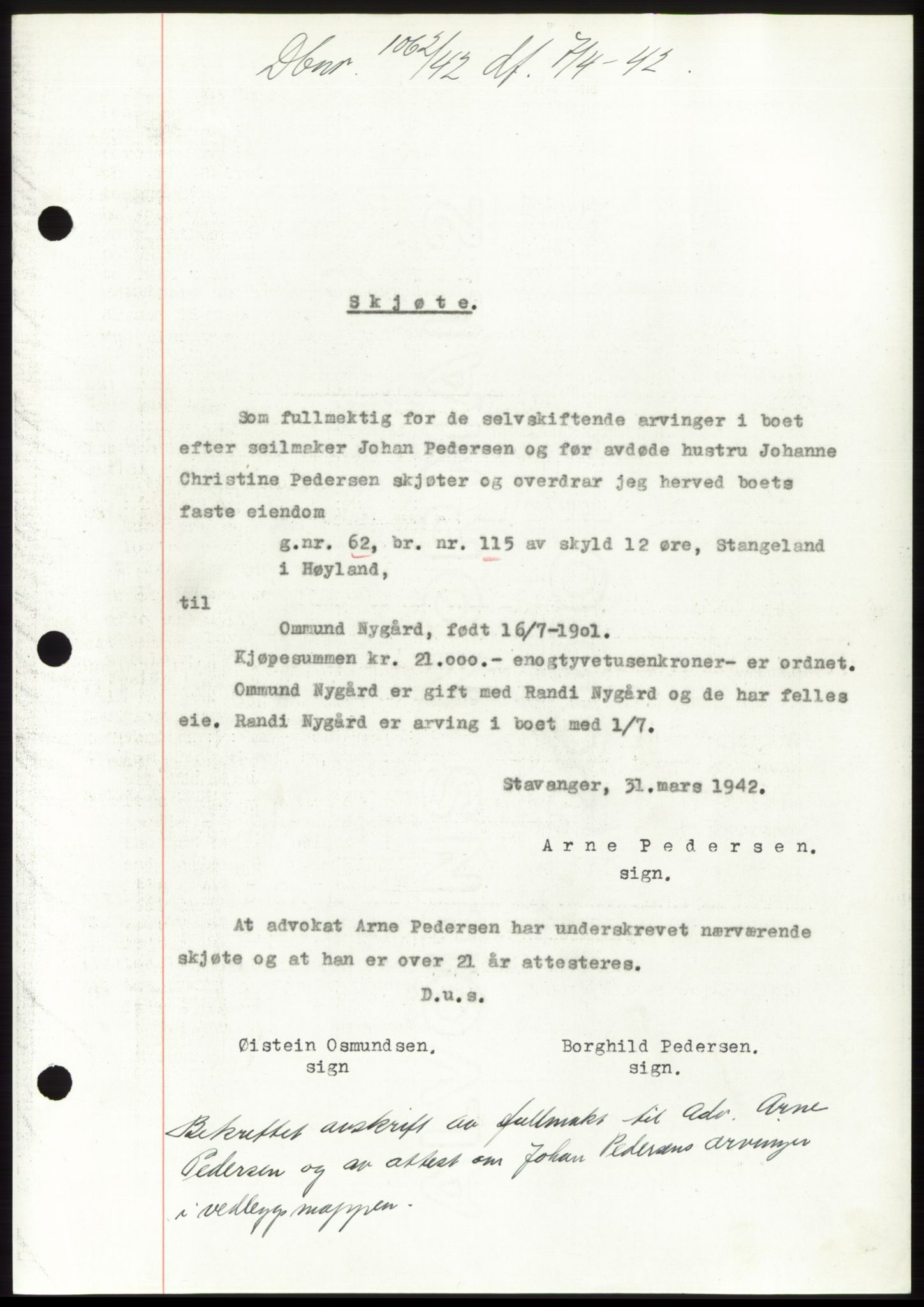 Jæren sorenskriveri, SAST/A-100310/03/G/Gba/L0082: Pantebok, 1942-1942, Dagboknr: 1062/1942