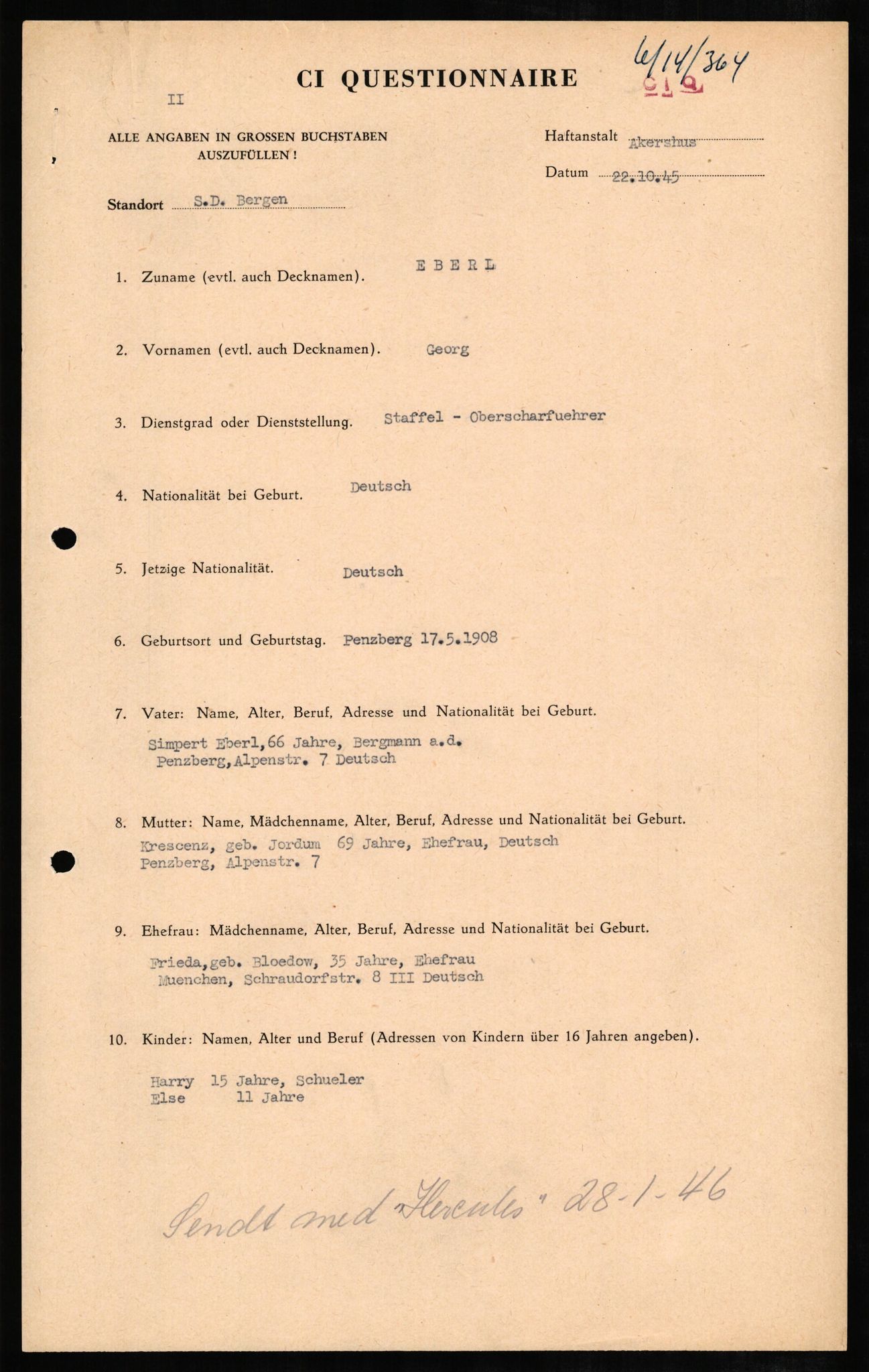 Forsvaret, Forsvarets overkommando II, RA/RAFA-3915/D/Db/L0007: CI Questionaires. Tyske okkupasjonsstyrker i Norge. Tyskere., 1945-1946, s. 12