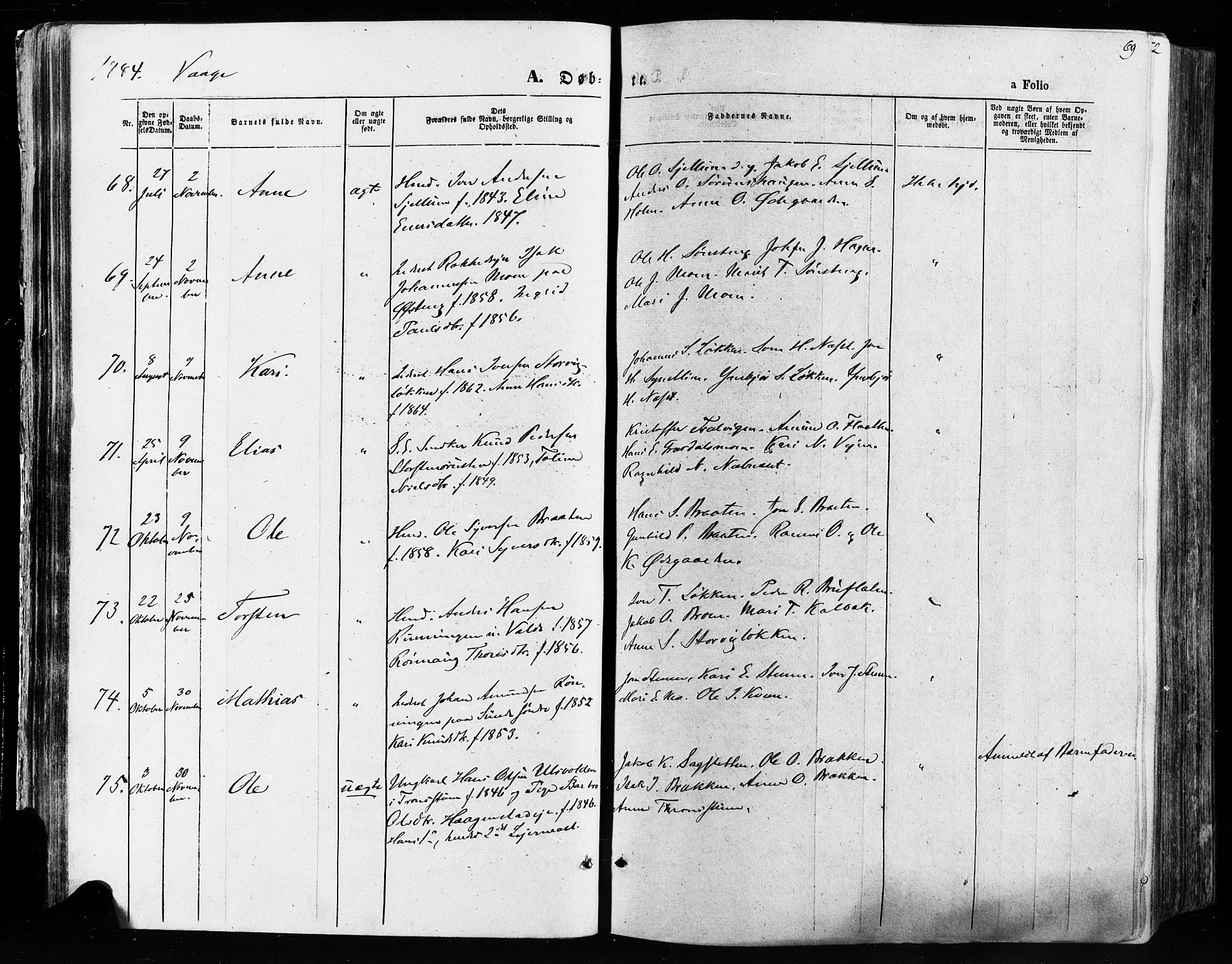 Vågå prestekontor, AV/SAH-PREST-076/H/Ha/Haa/L0007: Ministerialbok nr. 7 /1, 1872-1886, s. 69