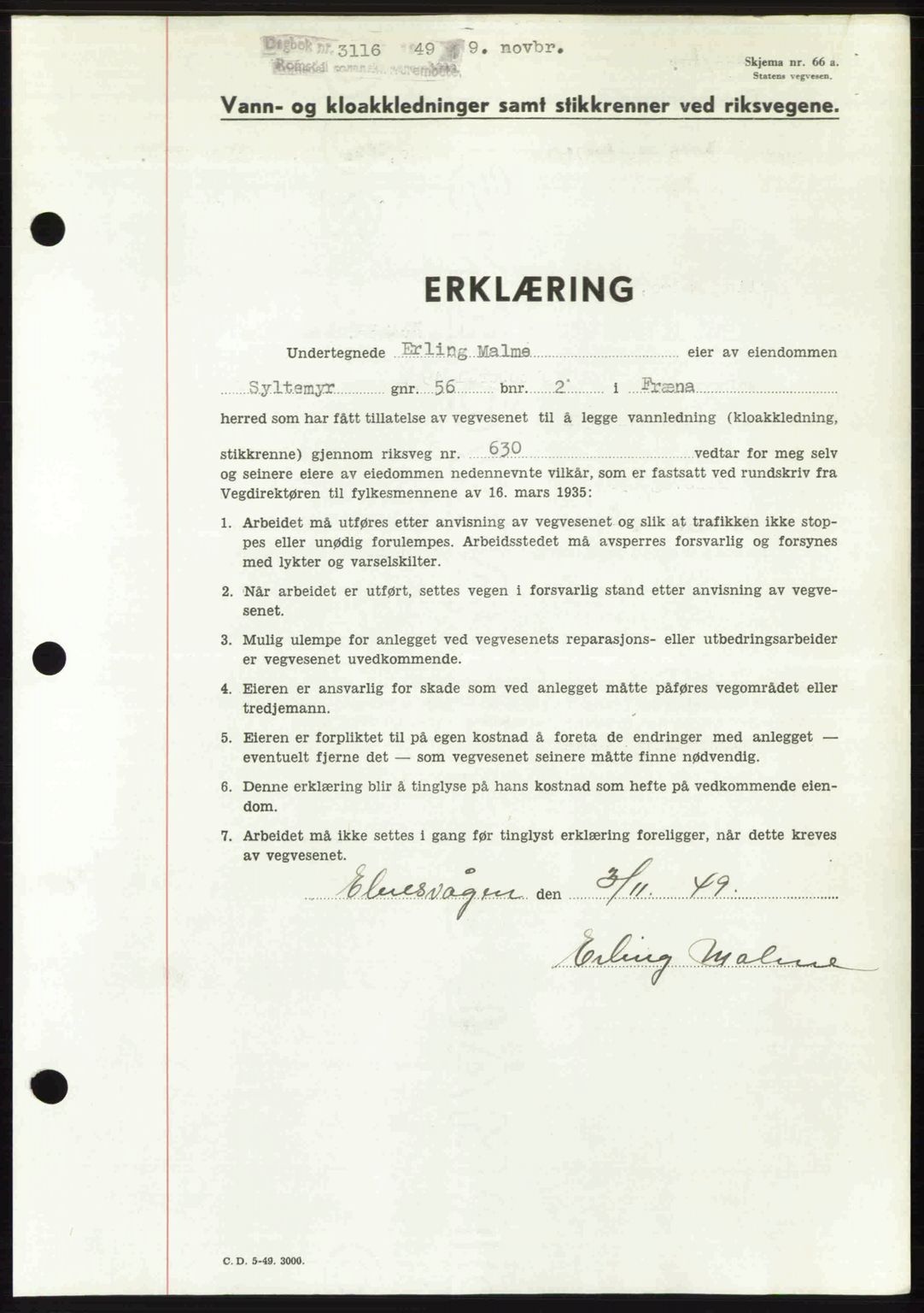 Romsdal sorenskriveri, SAT/A-4149/1/2/2C: Pantebok nr. A31, 1949-1949, Dagboknr: 3116/1949