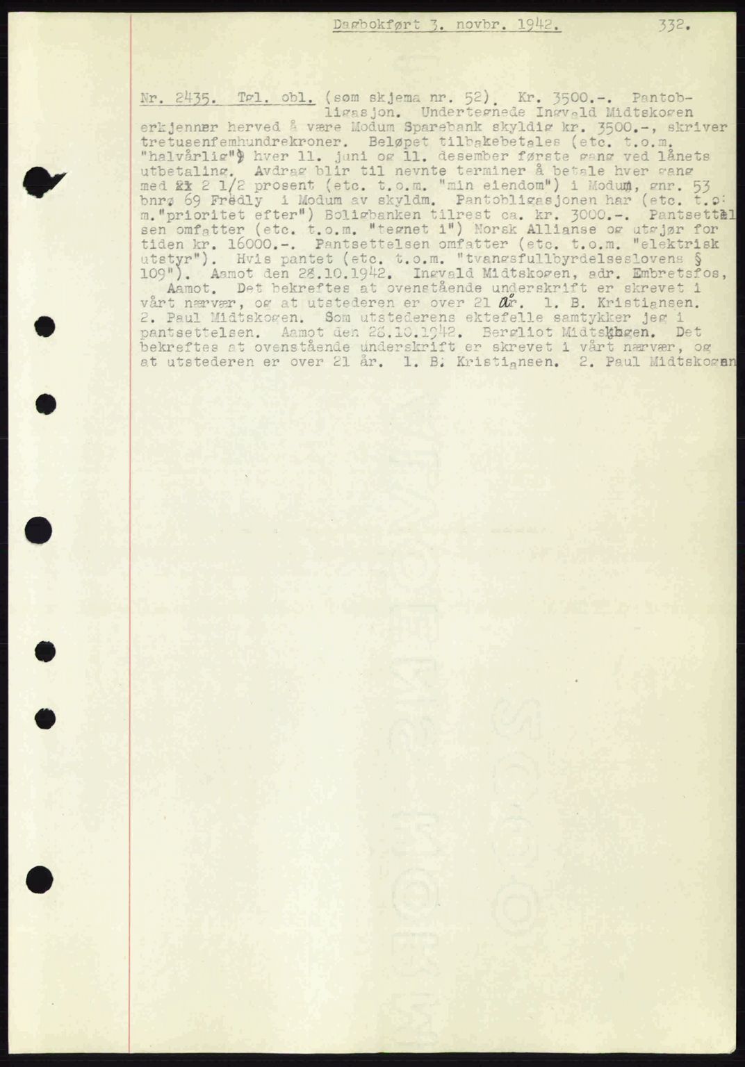 Eiker, Modum og Sigdal sorenskriveri, SAKO/A-123/G/Ga/Gab/L0047: Pantebok nr. A17, 1942-1943, Dagboknr: 2435/1942