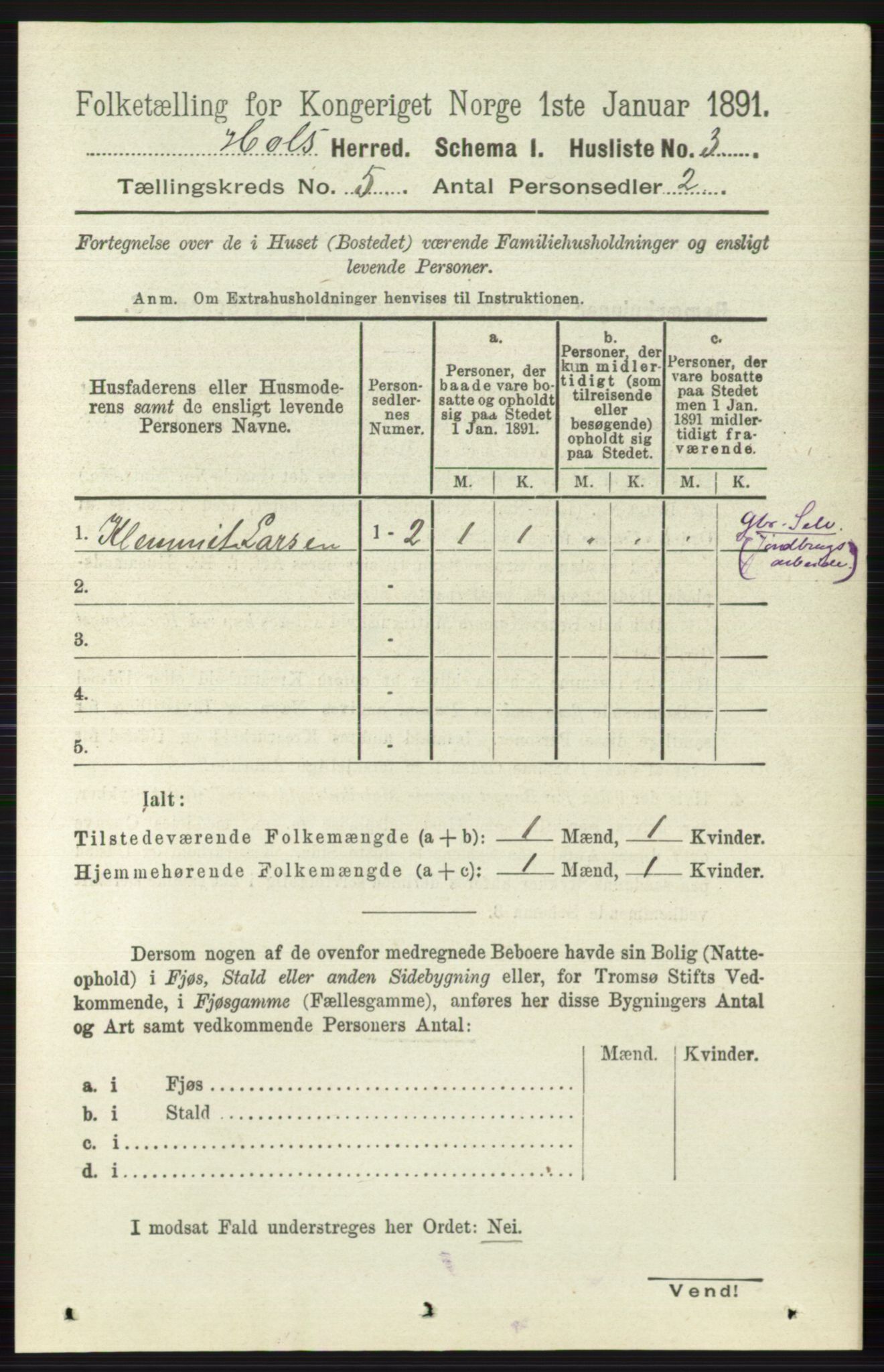 RA, Folketelling 1891 for 0620 Hol herred, 1891, s. 1420