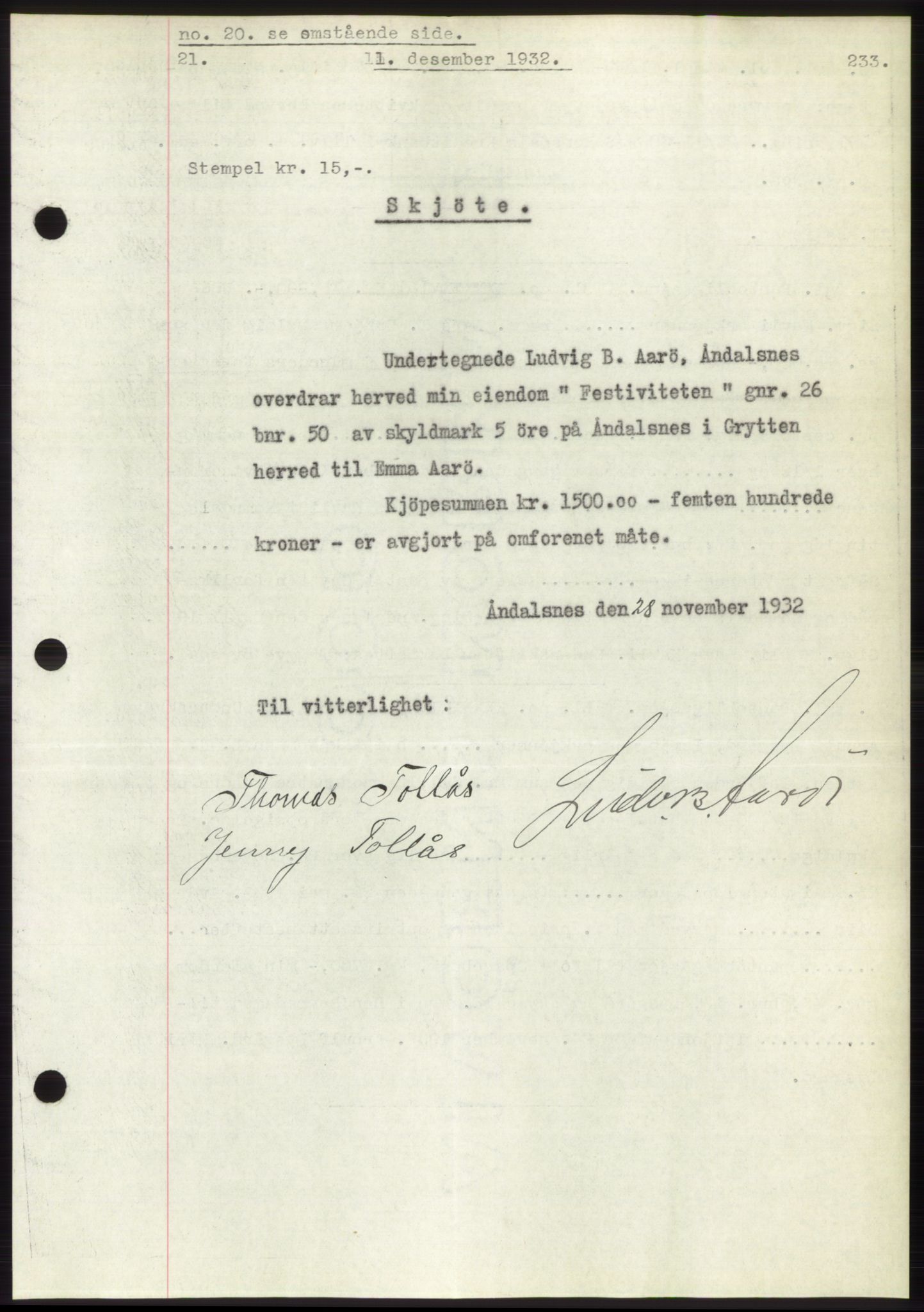 Romsdal sorenskriveri, SAT/A-4149/1/2/2C/L0062: Pantebok nr. 56, 1932-1933, Tingl.dato: 01.12.1932
