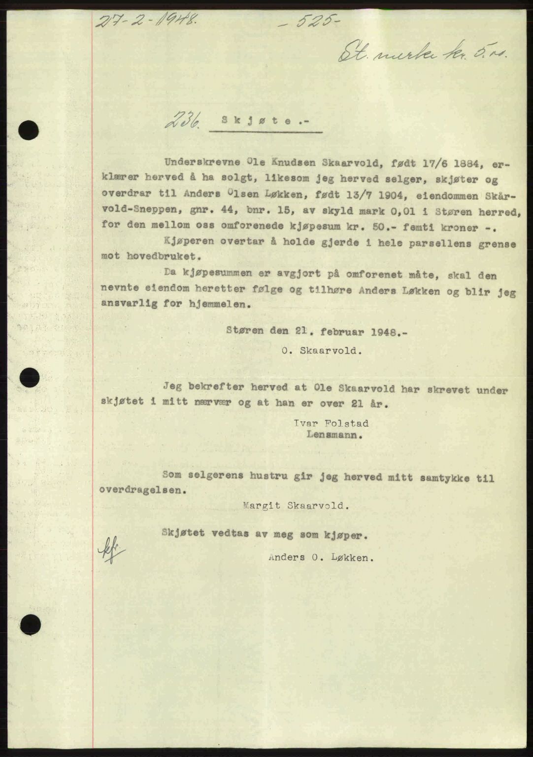 Gauldal sorenskriveri, SAT/A-0014/1/2/2C: Pantebok nr. A5, 1947-1948, Dagboknr: 236/1948