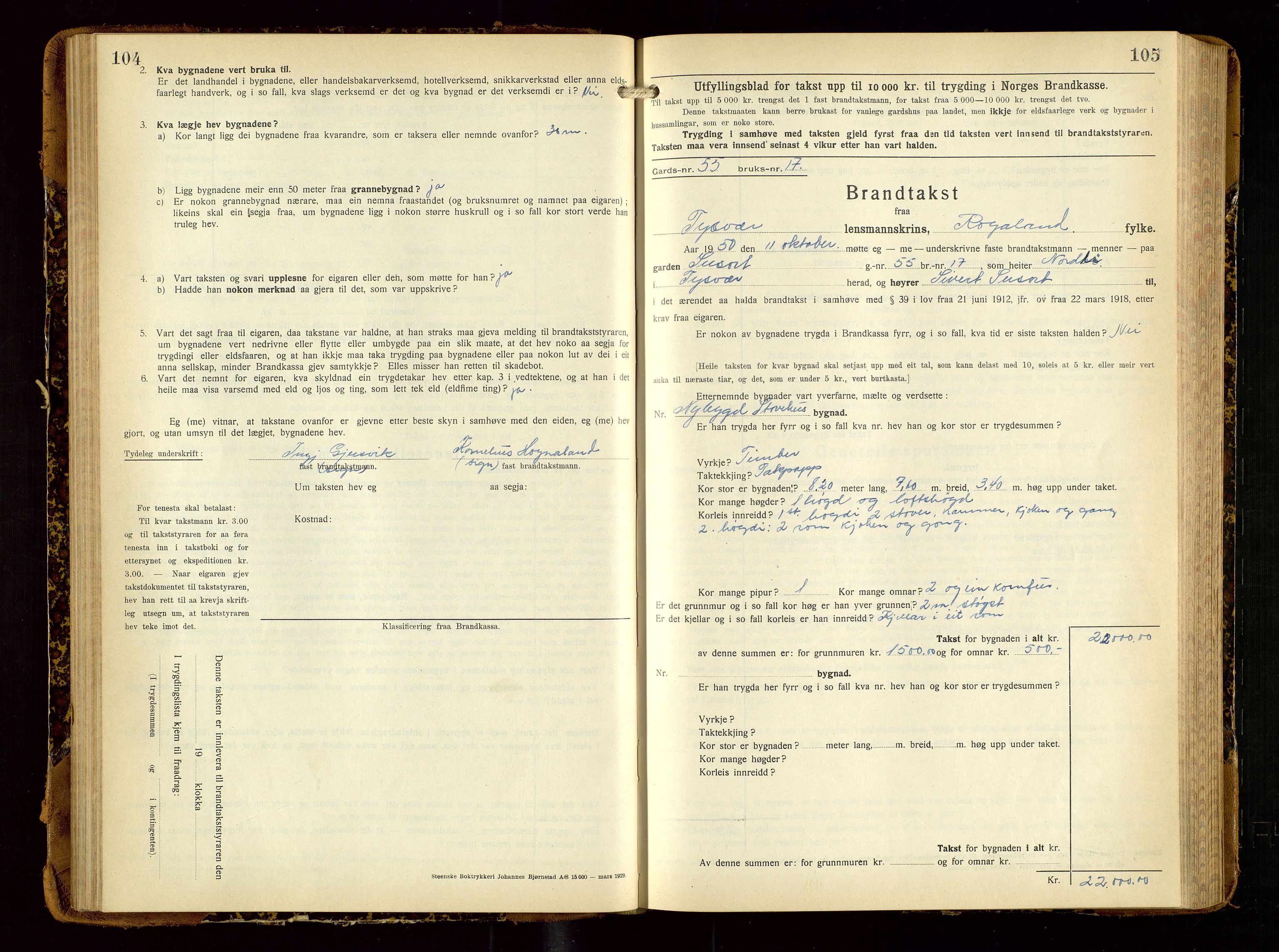 Tysvær lensmannskontor, AV/SAST-A-100192/Gob/L0003: "Brandtakstbok for Tysvær lensmannskrins", 1932-1955, s. 104-105