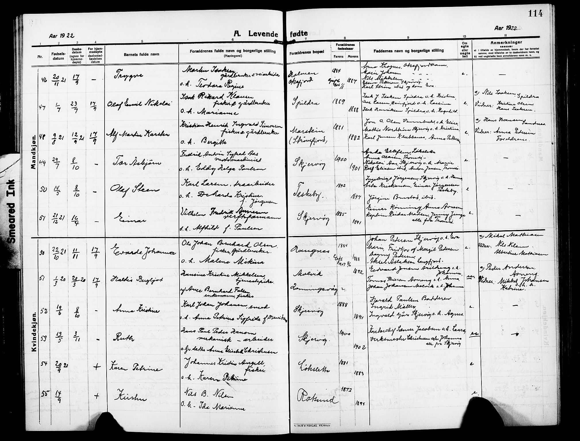 Skjervøy sokneprestkontor, AV/SATØ-S-1300/H/Ha/Hab/L0009klokker: Klokkerbok nr. 9, 1911-1926, s. 114