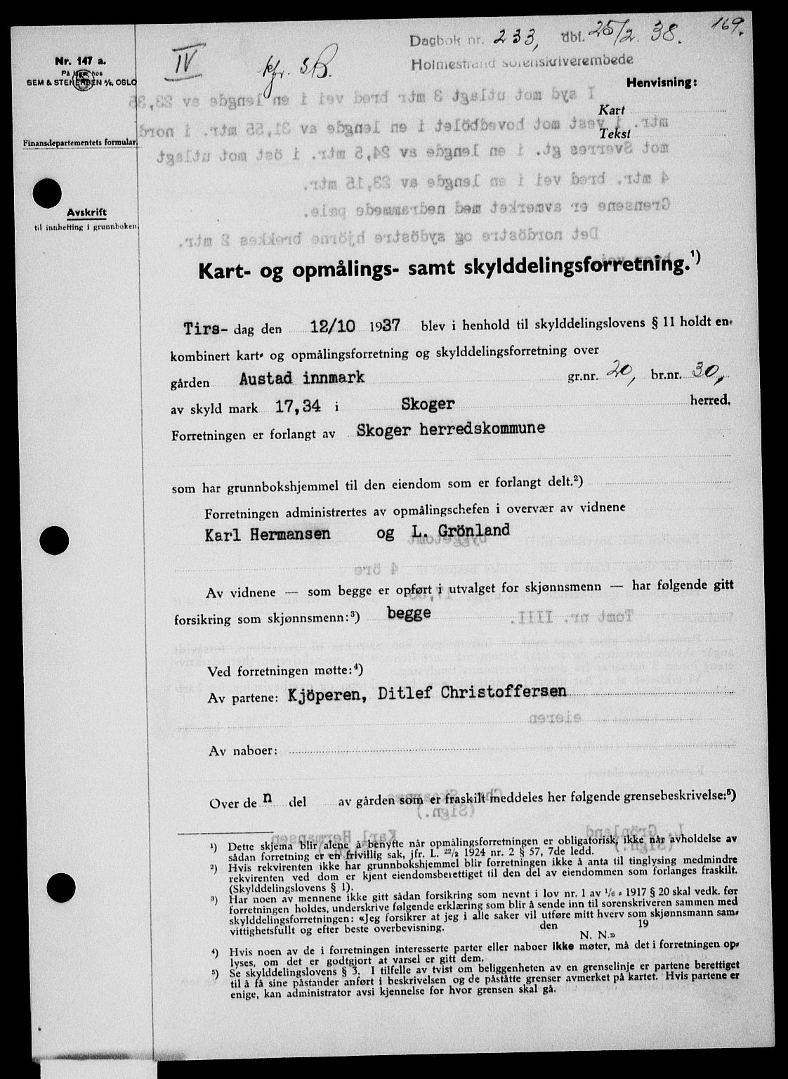 Holmestrand sorenskriveri, SAKO/A-67/G/Ga/Gaa/L0049: Pantebok nr. A-49, 1937-1938, Dagboknr: 233/1938