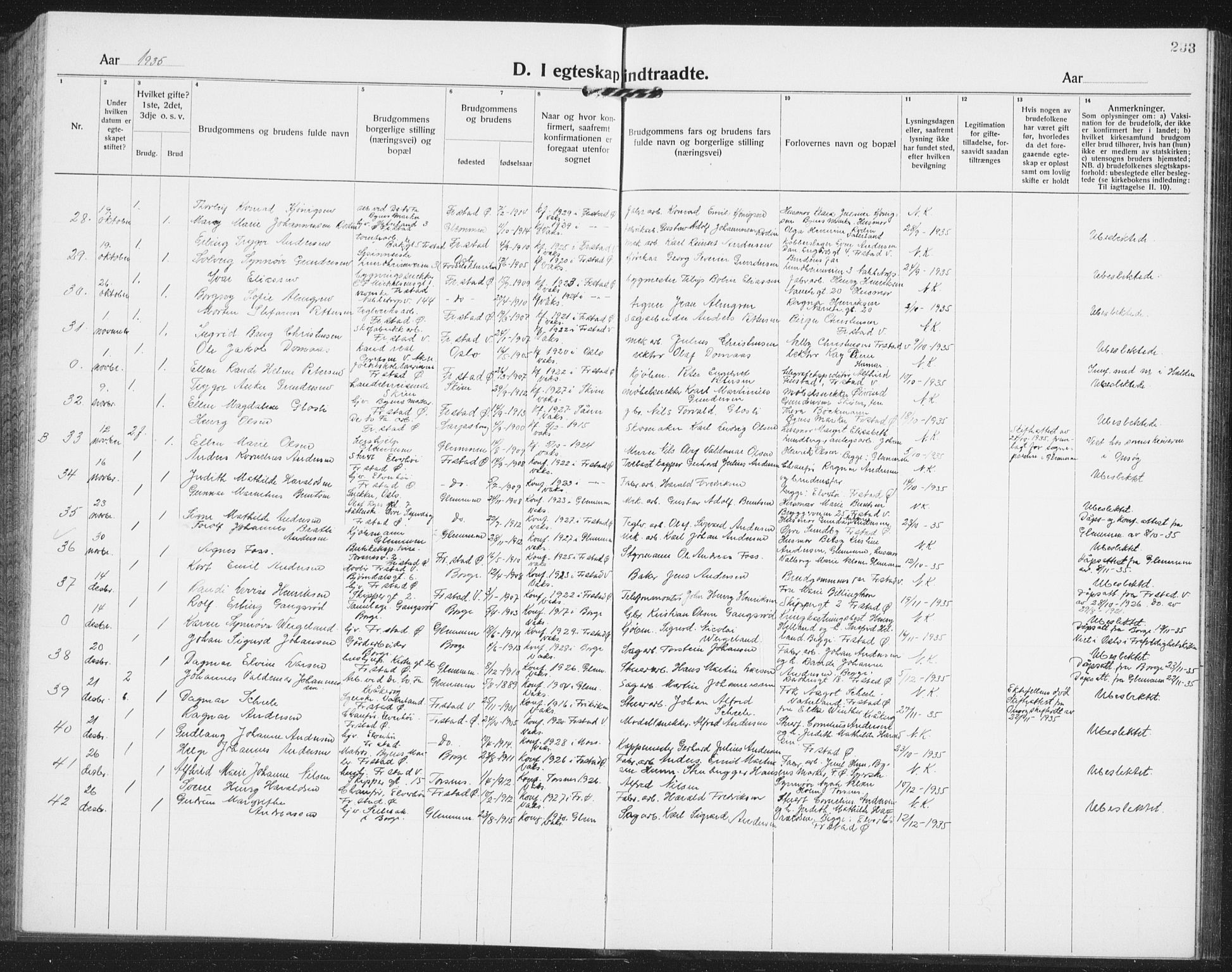 Østre Fredrikstad prestekontor Kirkebøker, AV/SAO-A-10907/G/Ga/L0003: Klokkerbok nr. 3, 1920-1940, s. 233