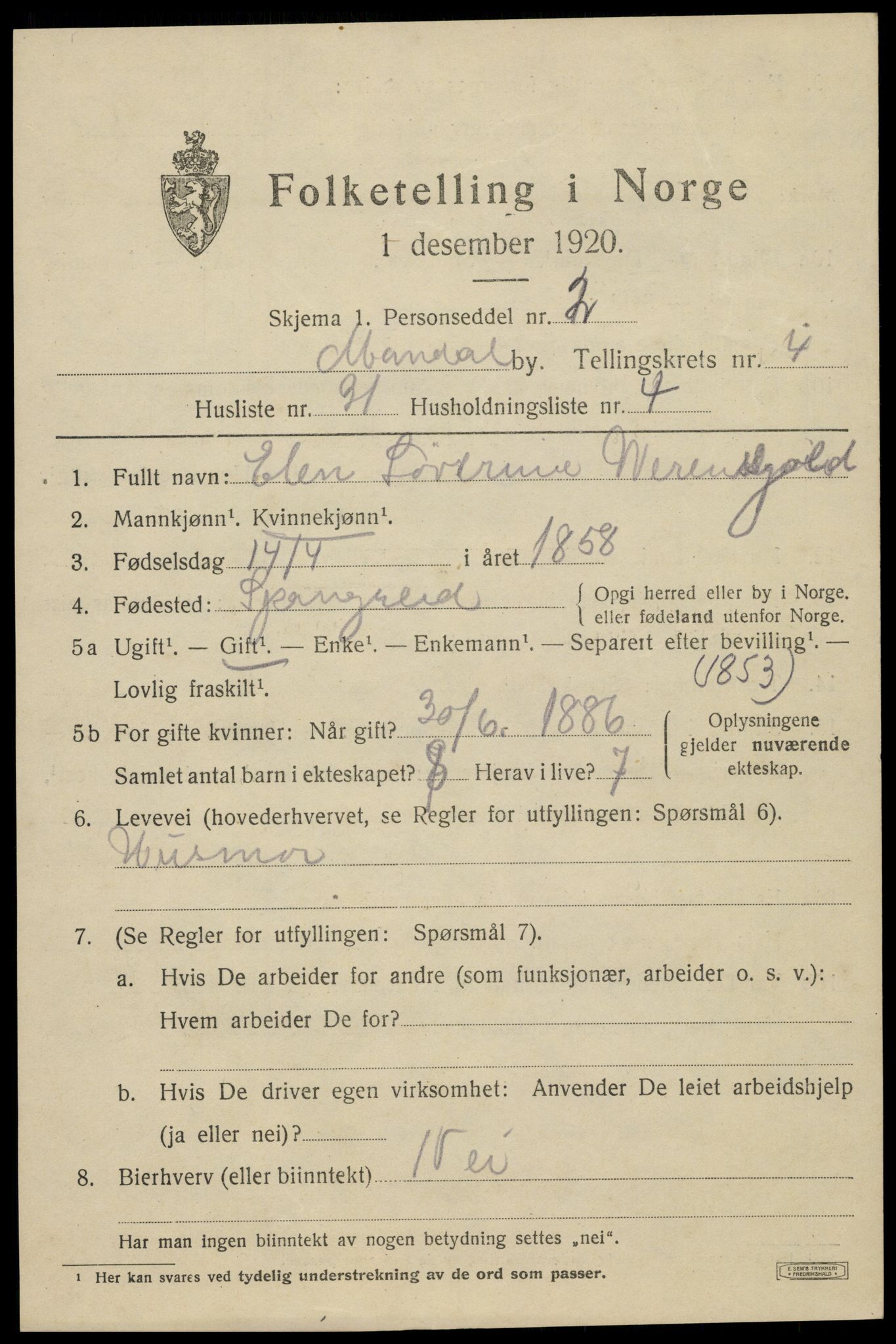 SAK, Folketelling 1920 for 1002 Mandal ladested, 1920, s. 7325