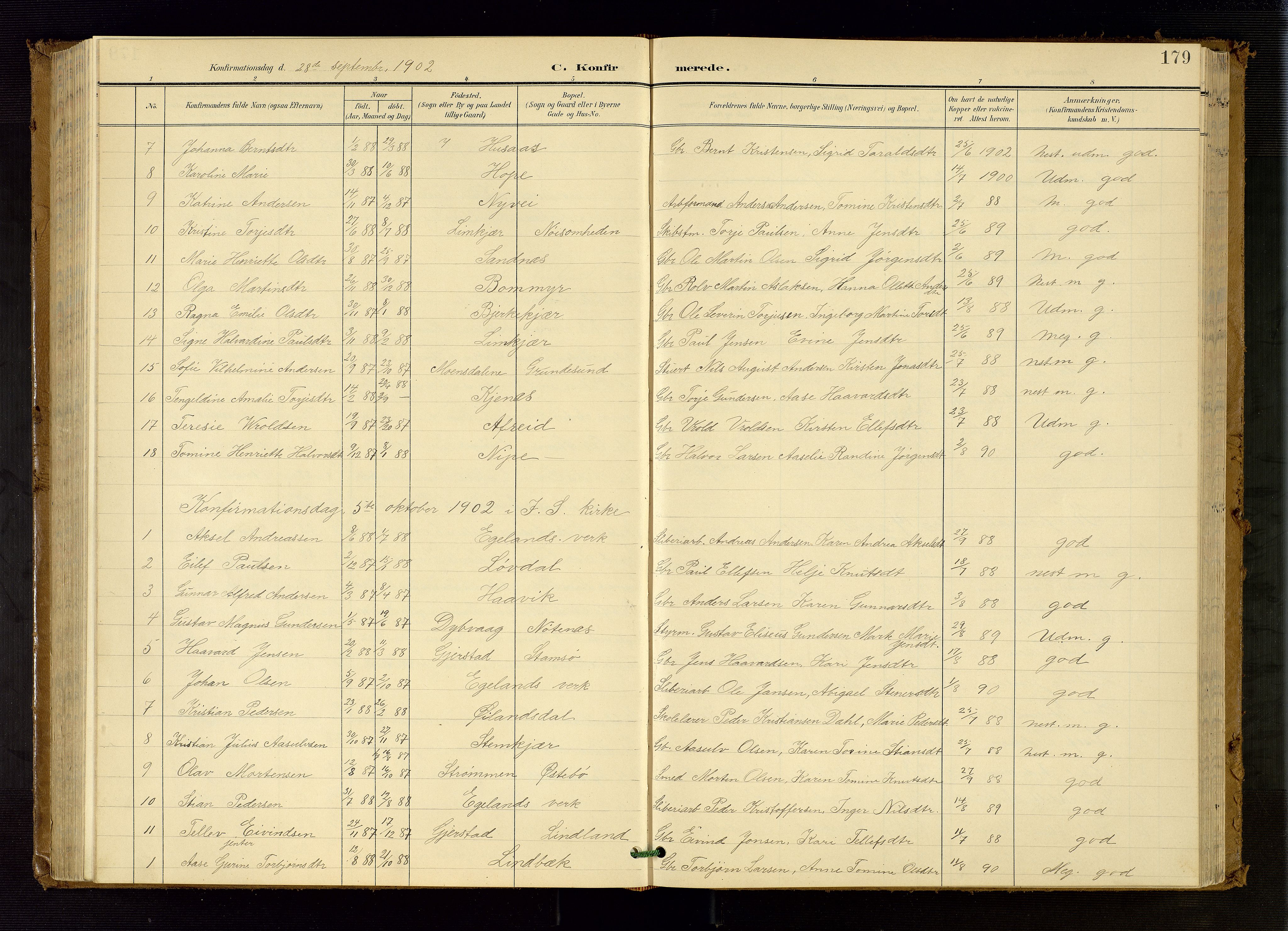 Søndeled sokneprestkontor, AV/SAK-1111-0038/F/Fb/L0005: Klokkerbok nr. B 6, 1900-1962, s. 179