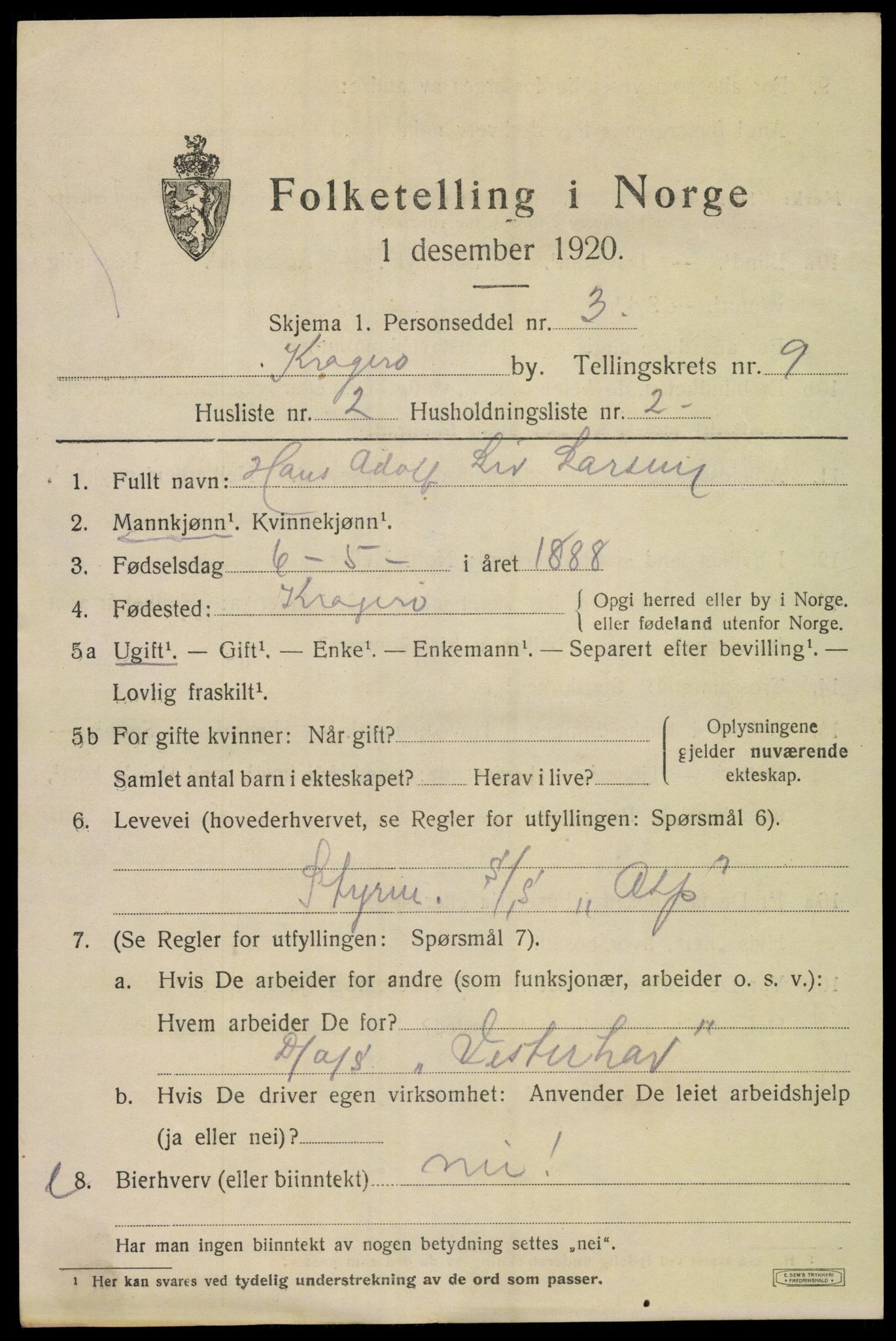 SAKO, Folketelling 1920 for 0801 Kragerø kjøpstad, 1920, s. 11985