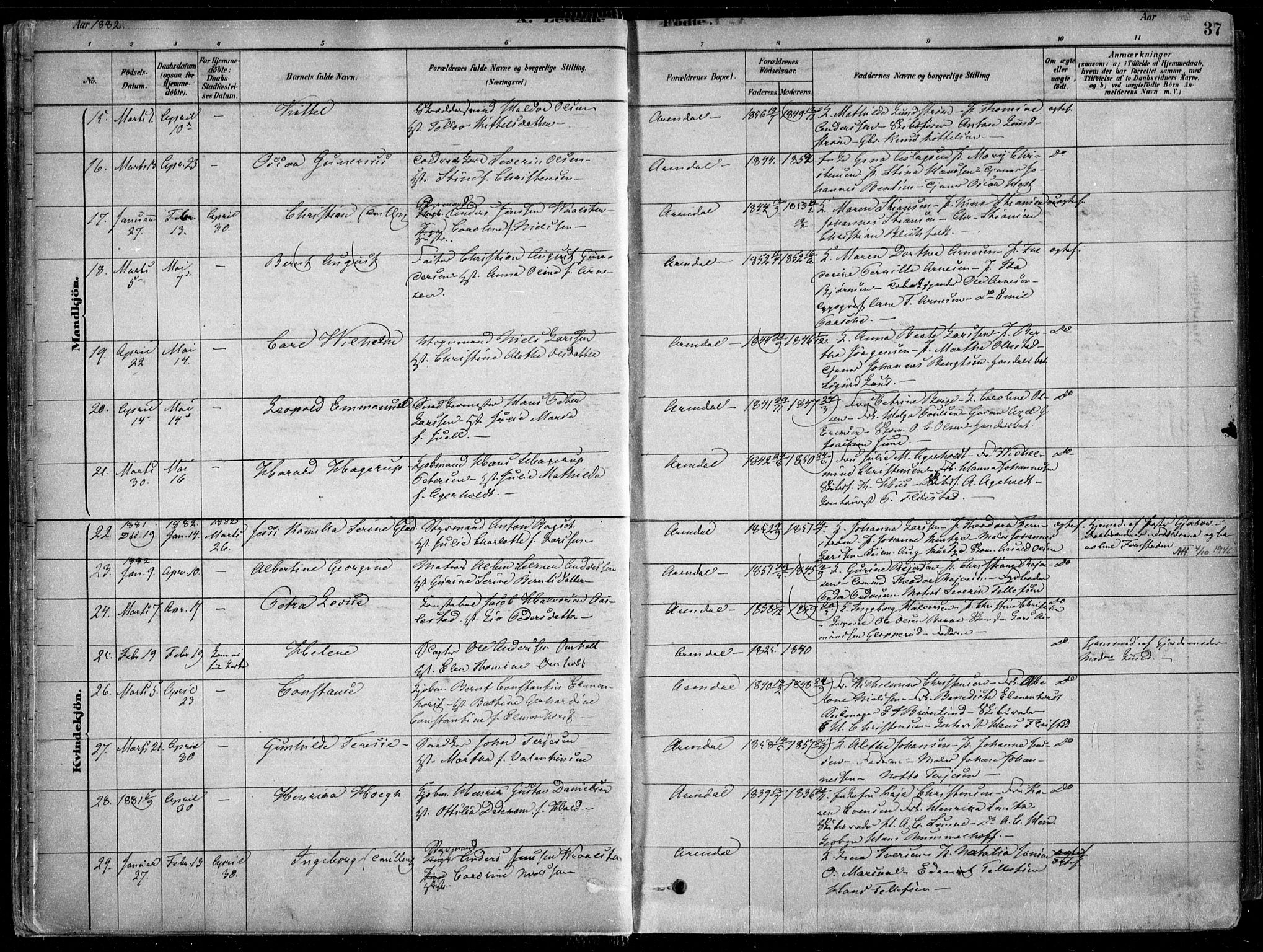 Arendal sokneprestkontor, Trefoldighet, AV/SAK-1111-0040/F/Fa/L0008: Ministerialbok nr. A 8, 1878-1899, s. 37