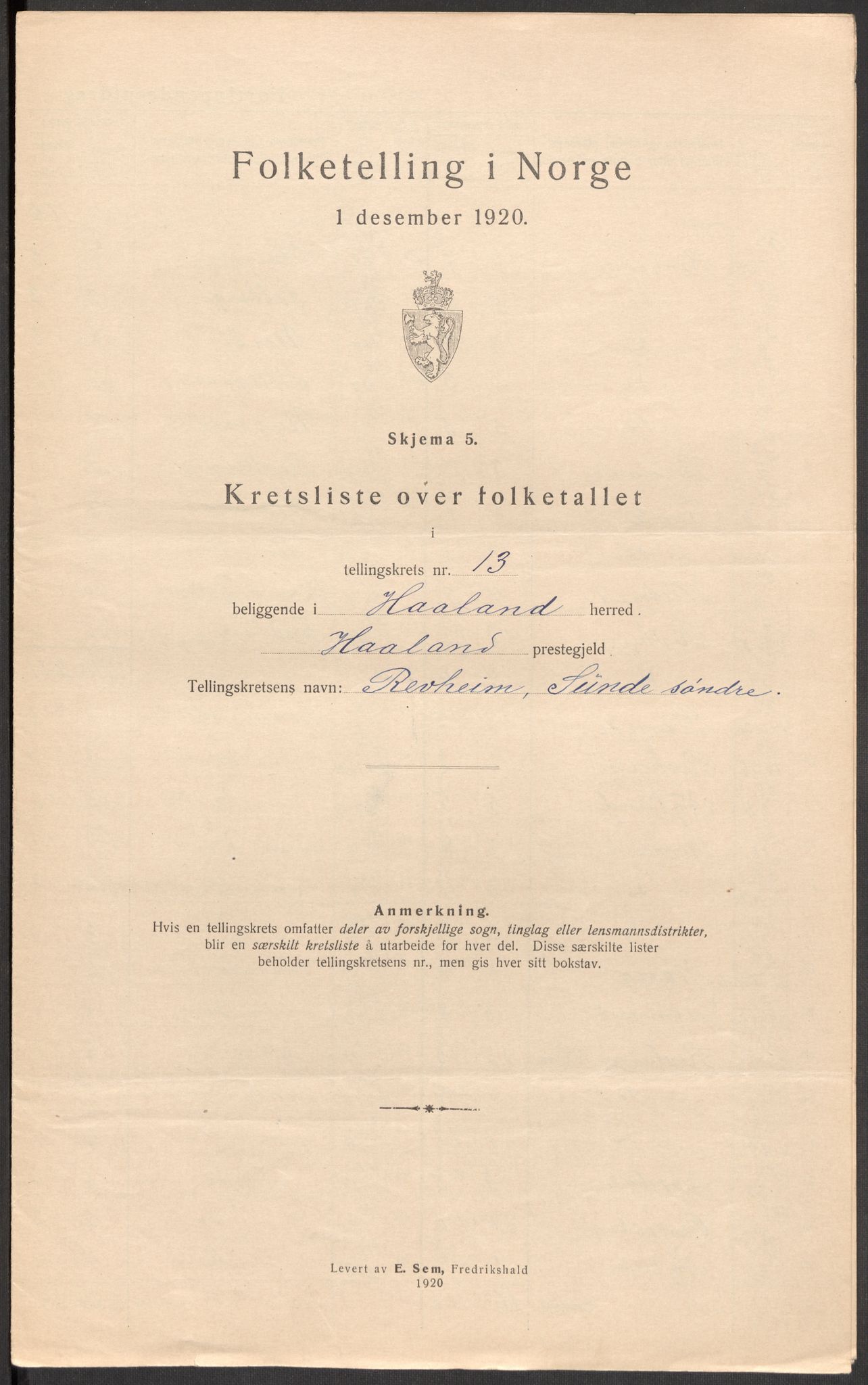 SAST, Folketelling 1920 for 1124 Håland herred, 1920, s. 45