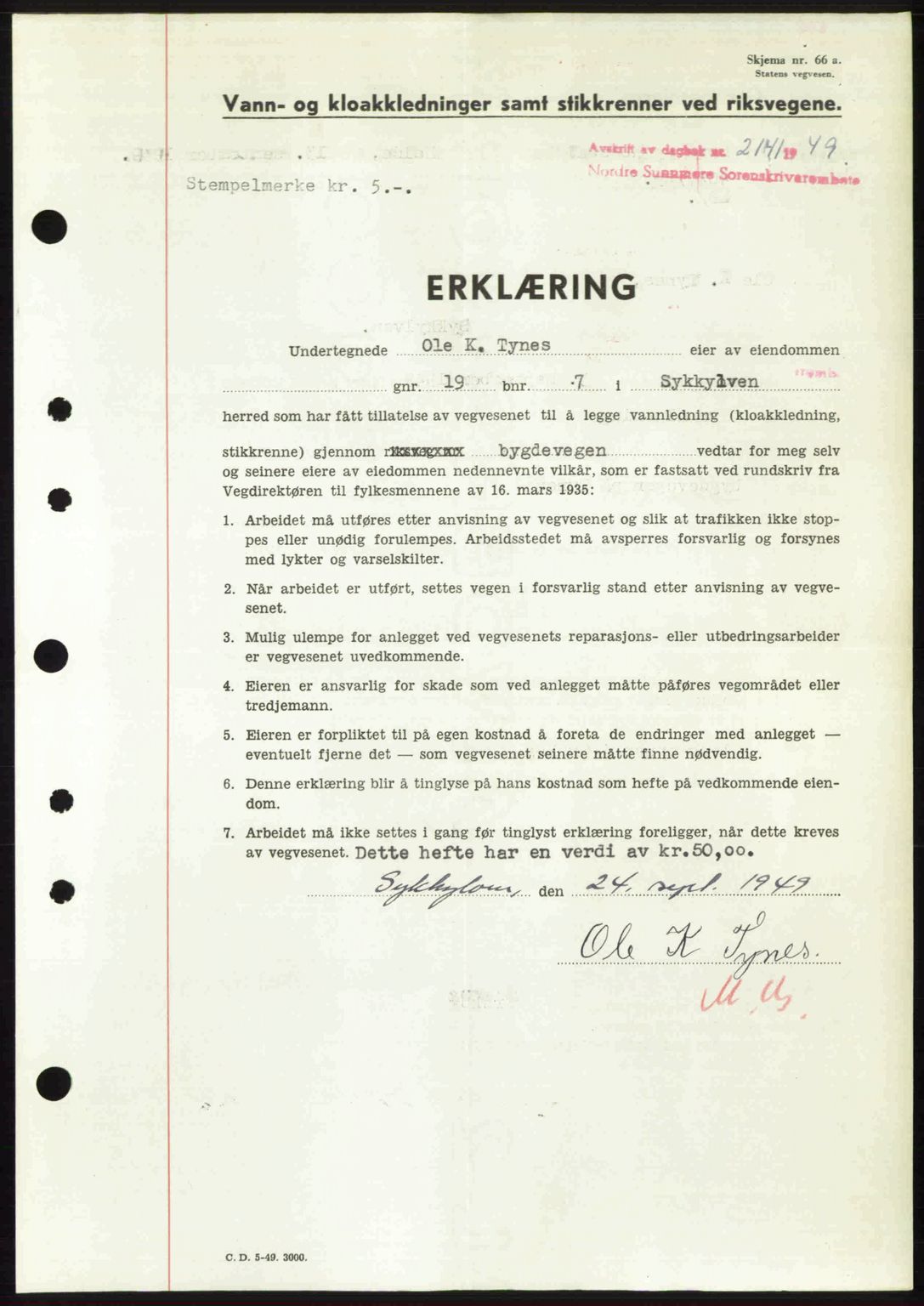 Nordre Sunnmøre sorenskriveri, SAT/A-0006/1/2/2C/2Ca: Pantebok nr. A32, 1949-1949, Dagboknr: 2141/1949