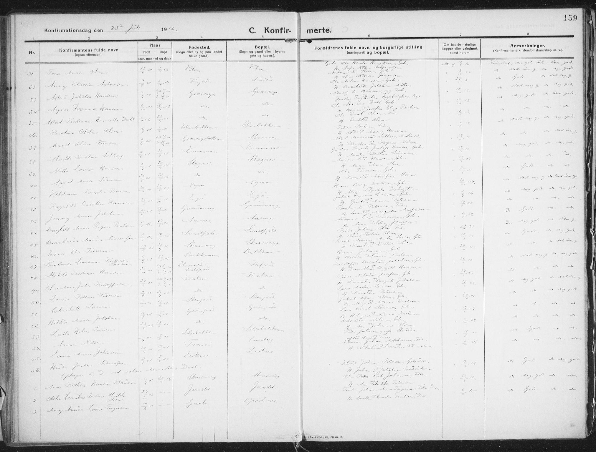 Lenvik sokneprestembete, SATØ/S-1310/H/Ha/Haa/L0016kirke: Ministerialbok nr. 16, 1910-1924, s. 159