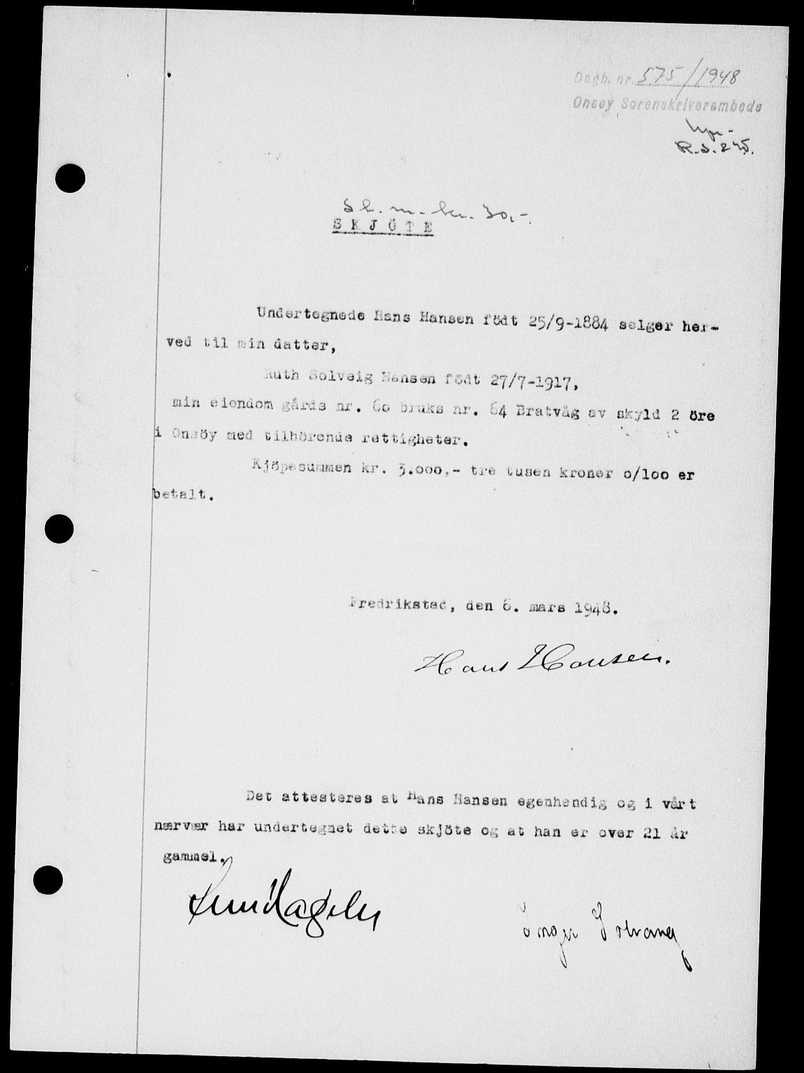 Onsøy sorenskriveri, SAO/A-10474/G/Ga/Gab/L0022: Pantebok nr. II A-22, 1947-1948, Dagboknr: 575/1948