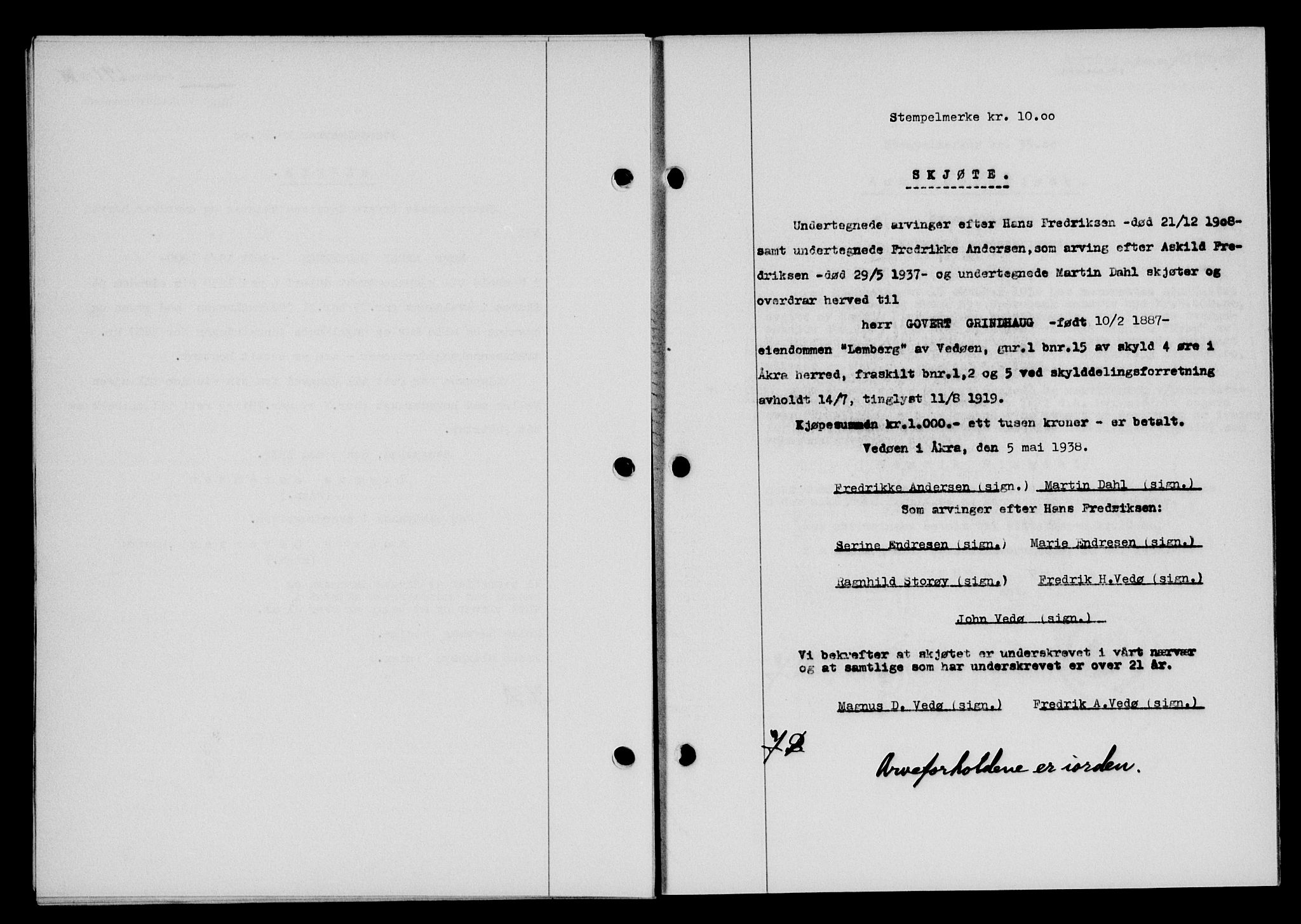 Karmsund sorenskriveri, SAST/A-100311/01/II/IIB/L0069: Pantebok nr. 50A, 1937-1938, Dagboknr: 697/1938