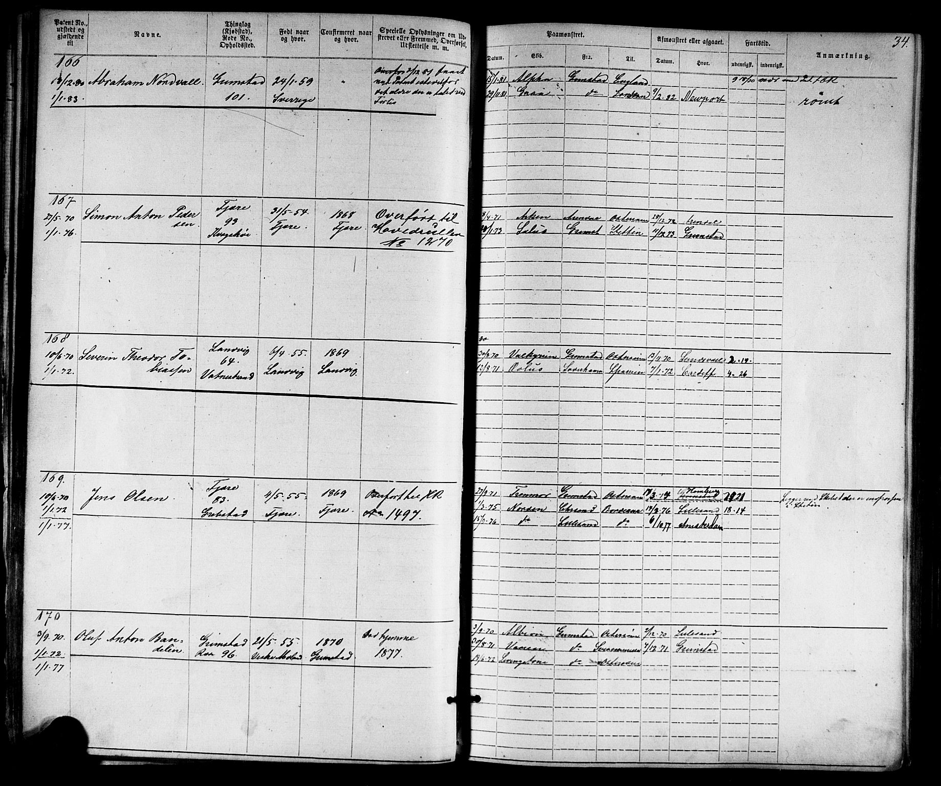 Grimstad mønstringskrets, AV/SAK-2031-0013/F/Fa/L0005: Annotasjonsrulle nr 1-1910 med register, V-18, 1870-1892, s. 57