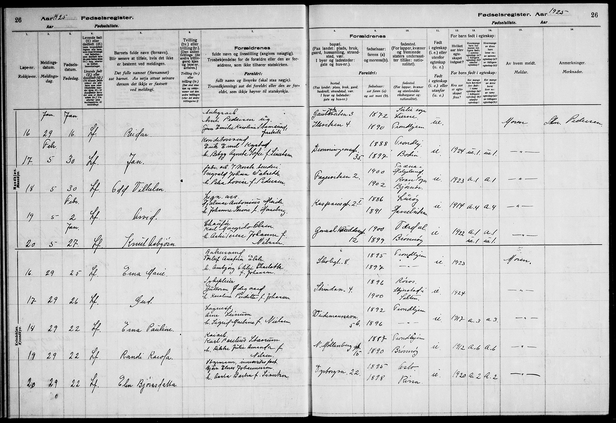 Ministerialprotokoller, klokkerbøker og fødselsregistre - Sør-Trøndelag, AV/SAT-A-1456/600/L0004: Fødselsregister nr. 600.II.4.3, 1924-1928, s. 26