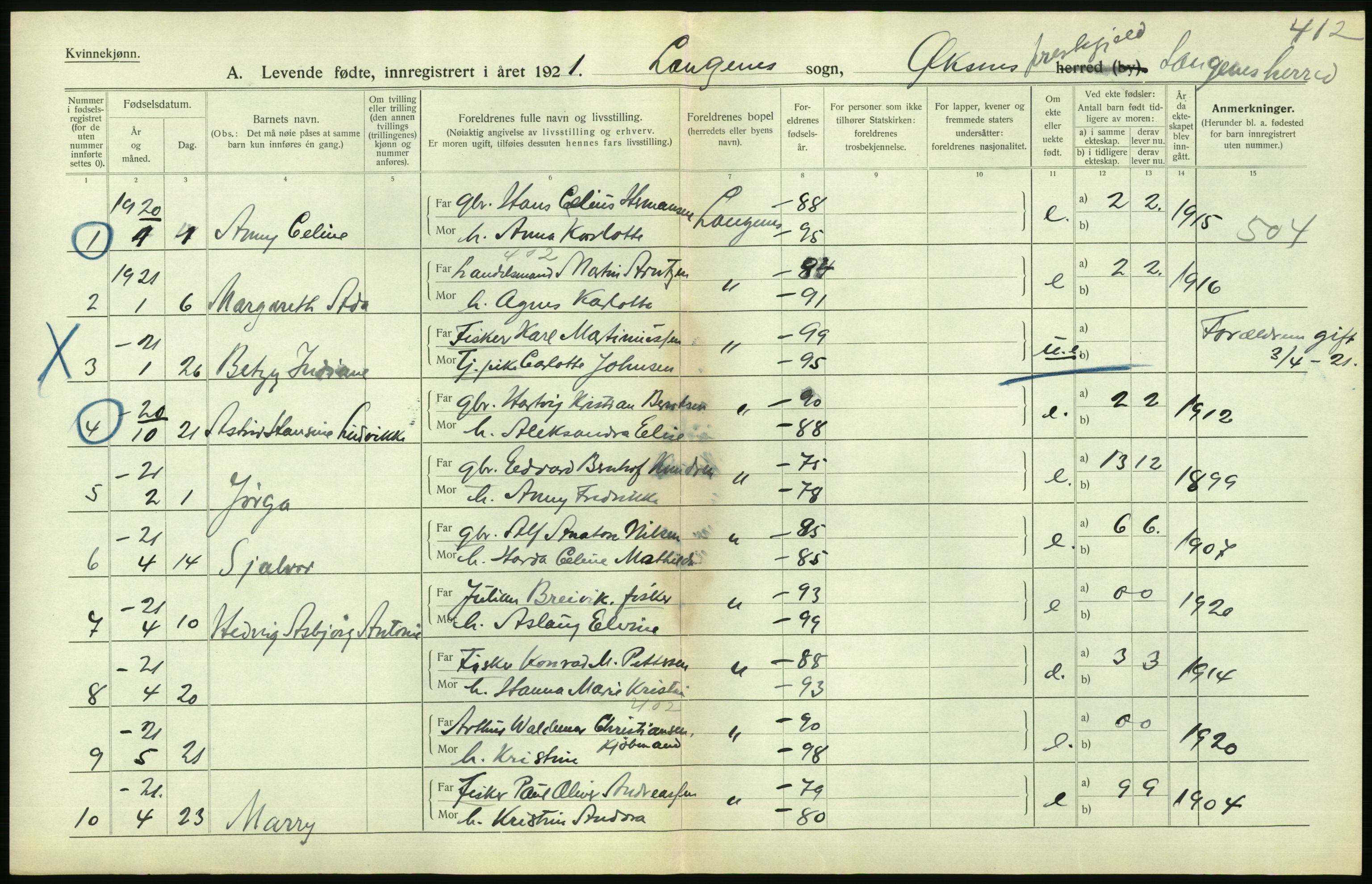 Statistisk sentralbyrå, Sosiodemografiske emner, Befolkning, AV/RA-S-2228/D/Df/Dfc/Dfca/L0049: Nordland fylke: Levendefødte menn og kvinner. Bygder., 1921, s. 430