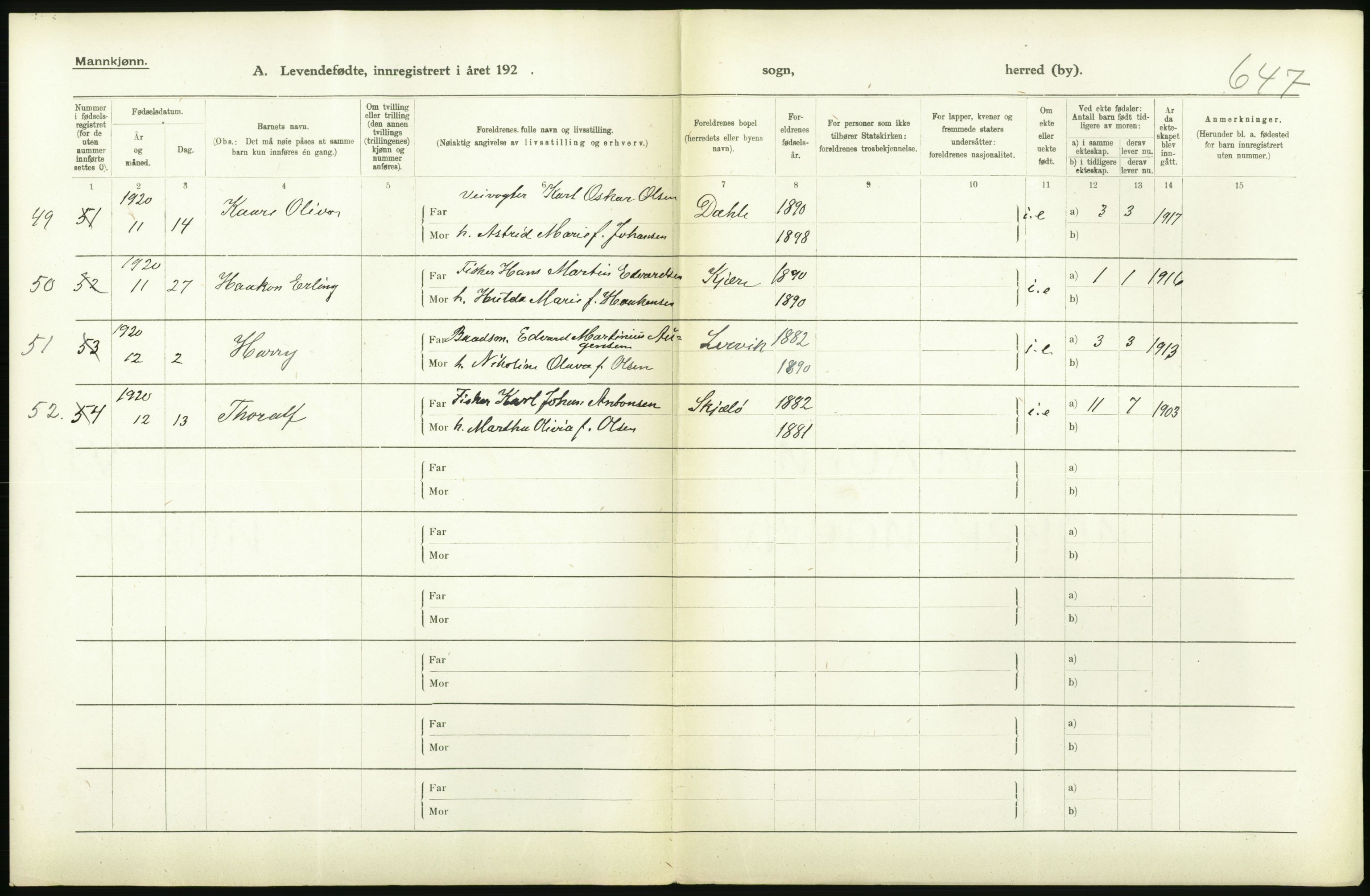 Statistisk sentralbyrå, Sosiodemografiske emner, Befolkning, RA/S-2228/D/Df/Dfb/Dfbj/L0001: Østfold fylke: Levendefødte menn og kvinner. Bygder., 1920, s. 56