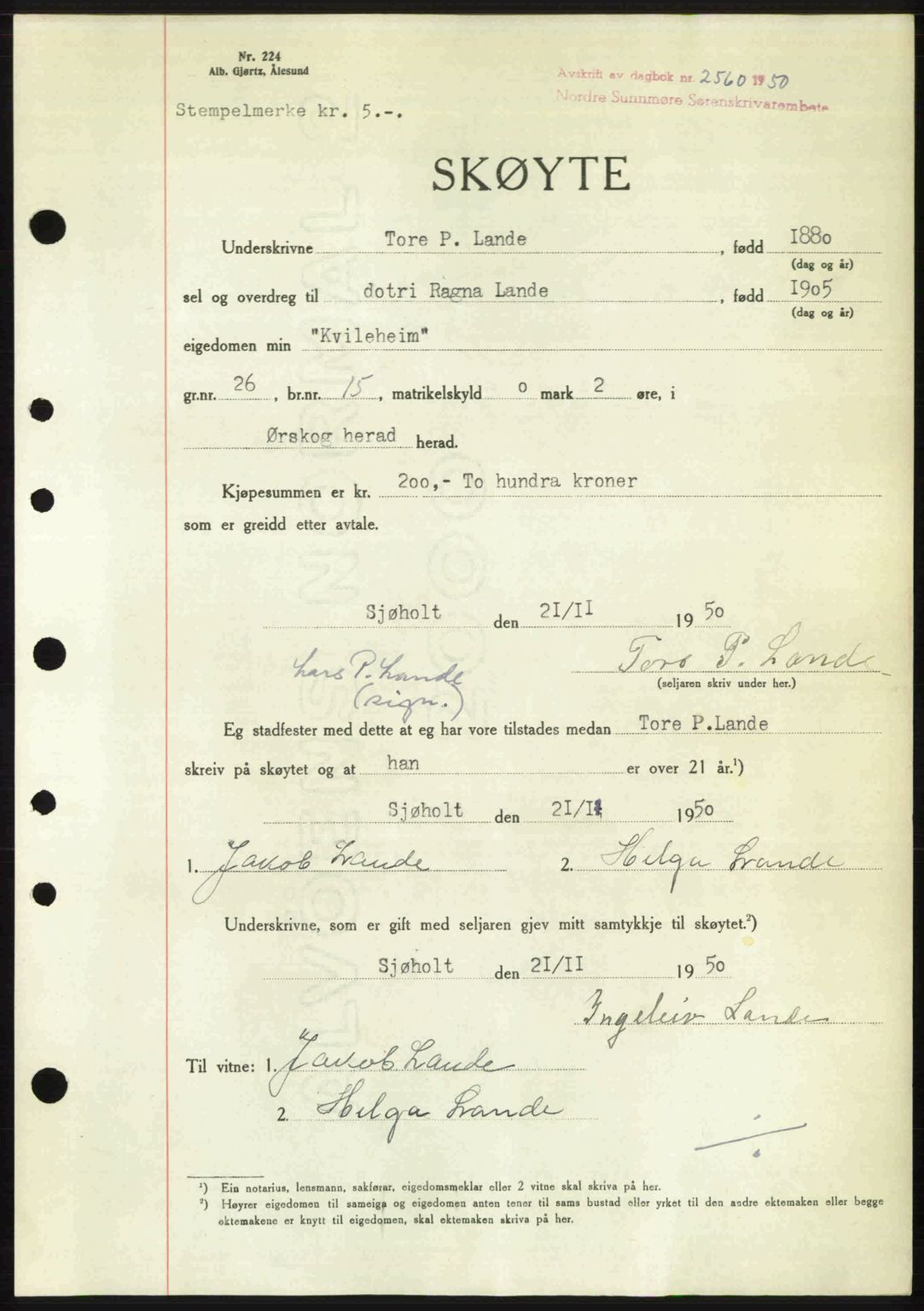 Nordre Sunnmøre sorenskriveri, SAT/A-0006/1/2/2C/2Ca: Pantebok nr. A36, 1950-1950, Dagboknr: 2560/1950