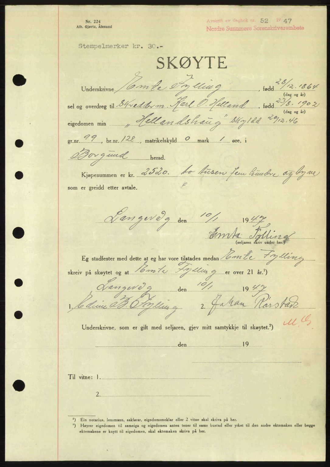 Nordre Sunnmøre sorenskriveri, AV/SAT-A-0006/1/2/2C/2Ca: Pantebok nr. A23, 1946-1947, Dagboknr: 52/1947