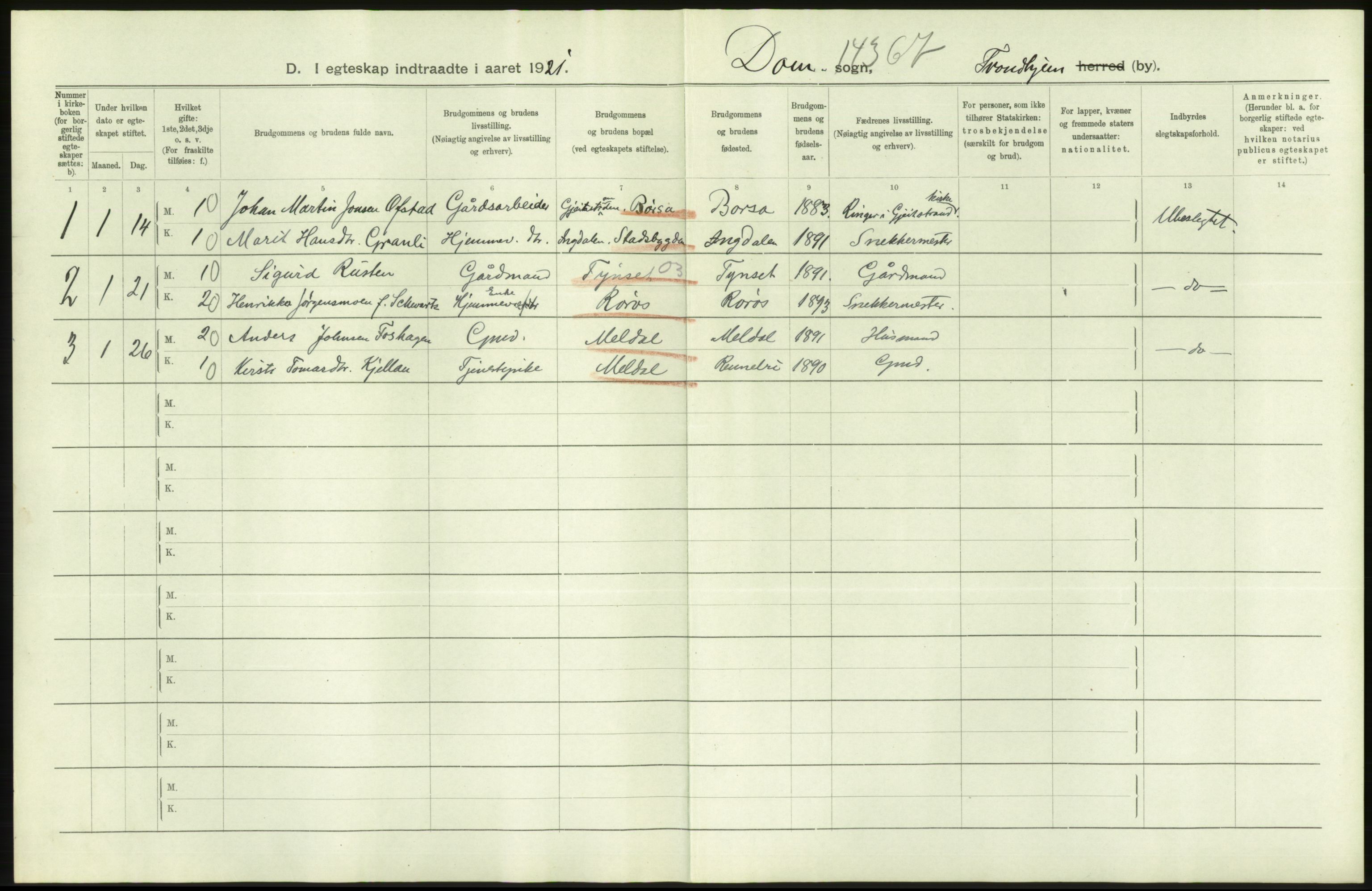 Statistisk sentralbyrå, Sosiodemografiske emner, Befolkning, AV/RA-S-2228/D/Df/Dfc/Dfca/L0045: Trondheim: Levendefødte menn og kvinner, gifte., 1921, s. 44