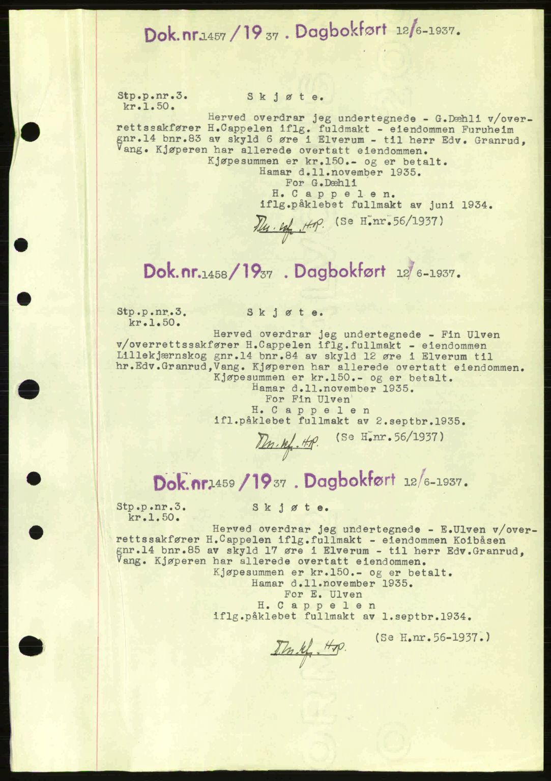 Sør-Østerdal sorenskriveri, SAH/TING-018/H/Hb/Hbb/L0056: Pantebok nr. A56, 1937-1937, Dagboknr: 1457/1937